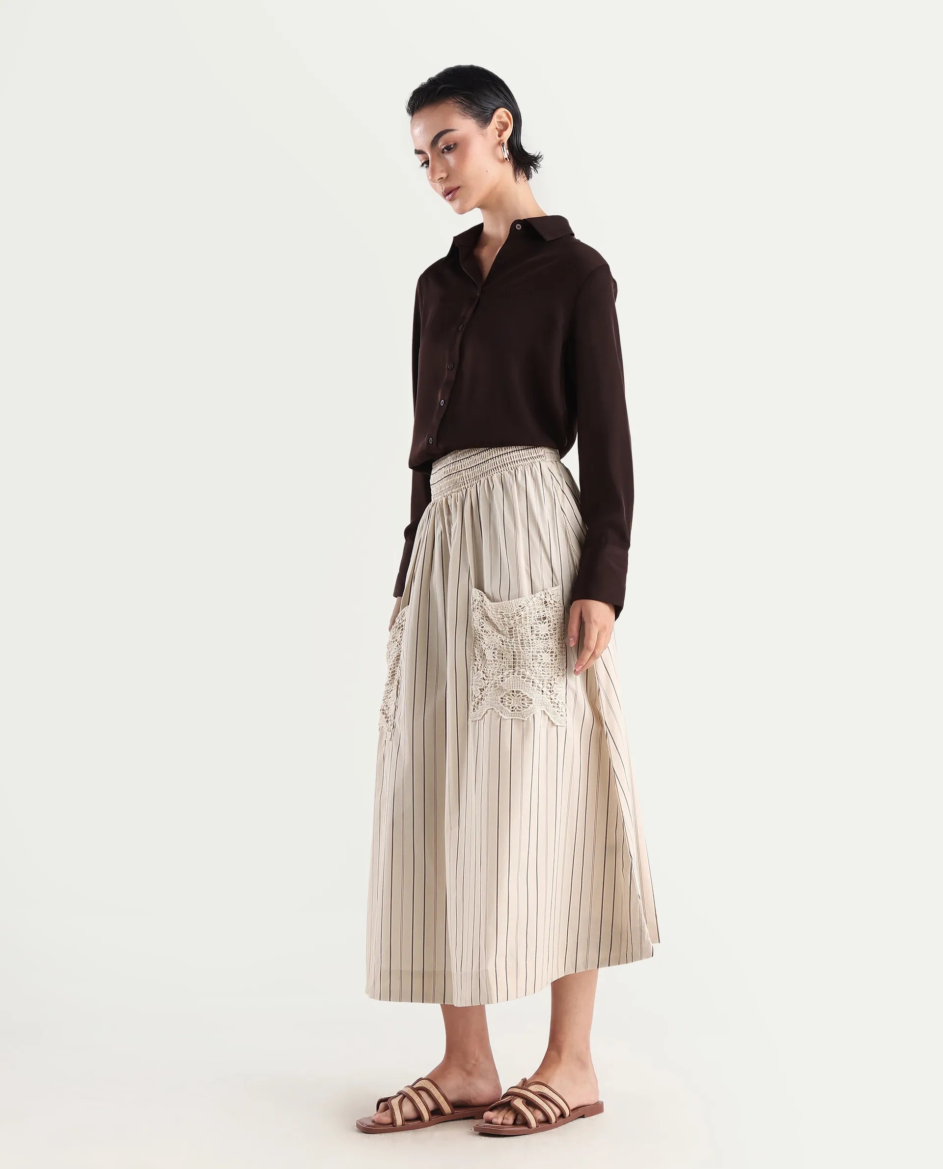 Rareism Women's Cuba-B Light Beige Cotton Plain Midi Flared Skirt