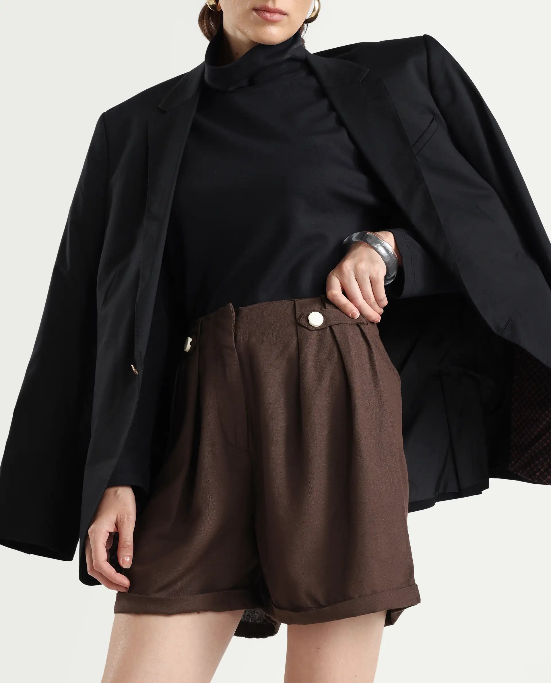 Rareism Women's Cunelo Brown Viscose Blend Plain Mini Regular Fit Shorts