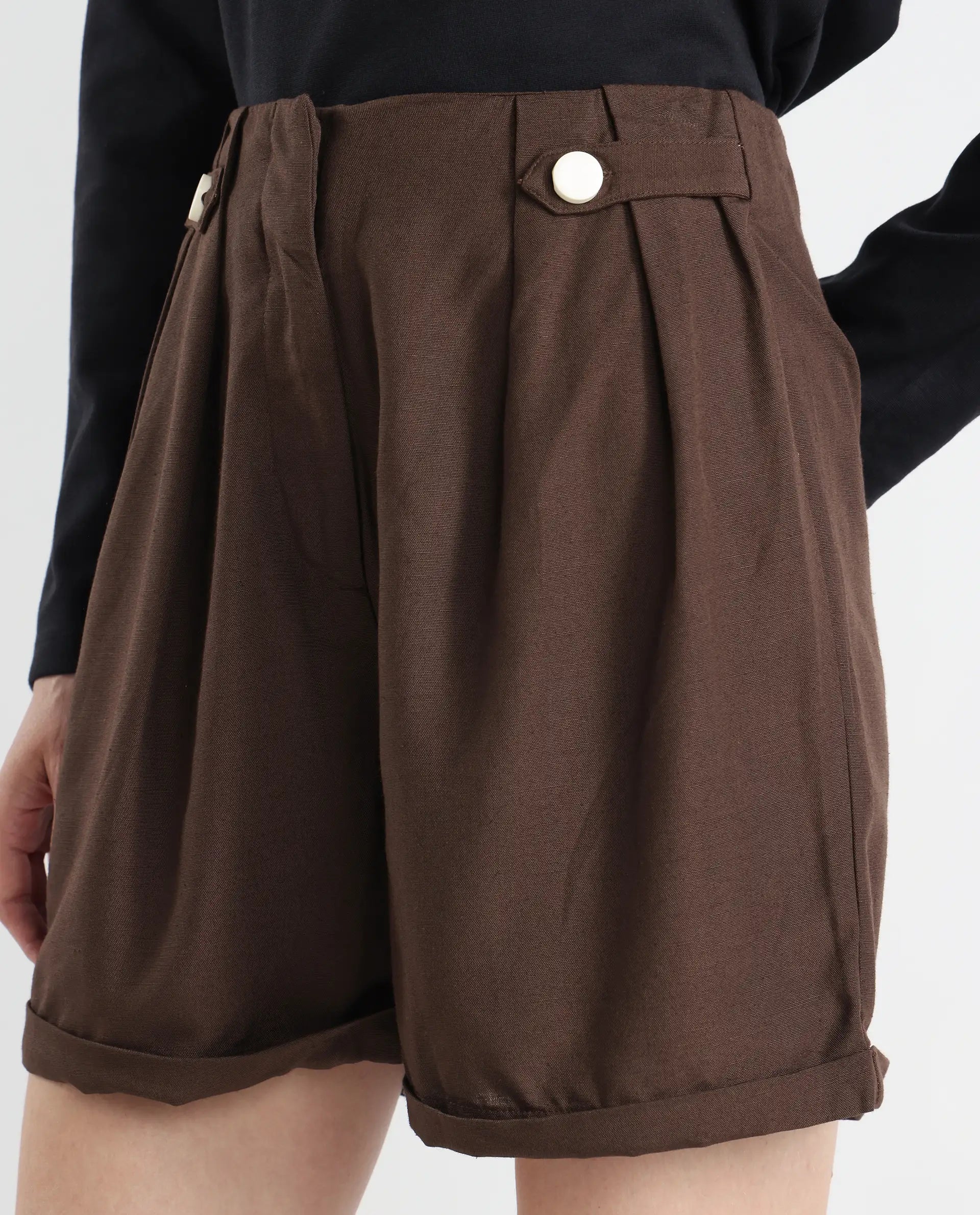 Rareism Women's Cunelo Brown Viscose Blend Plain Mini Regular Fit Shorts