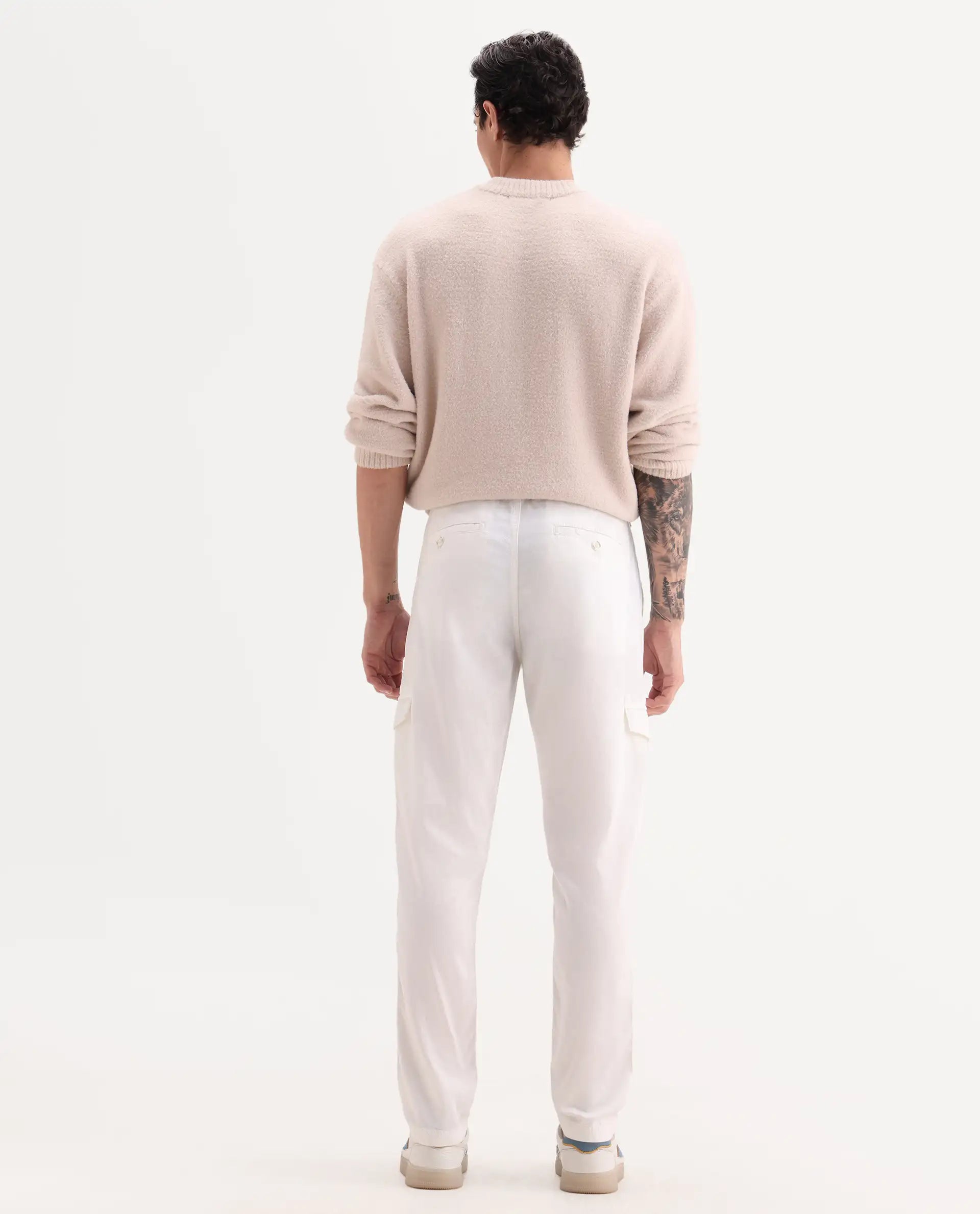 Rare Rabbit Men's Curon Off White Cotton Plain Regular Fit Trouser