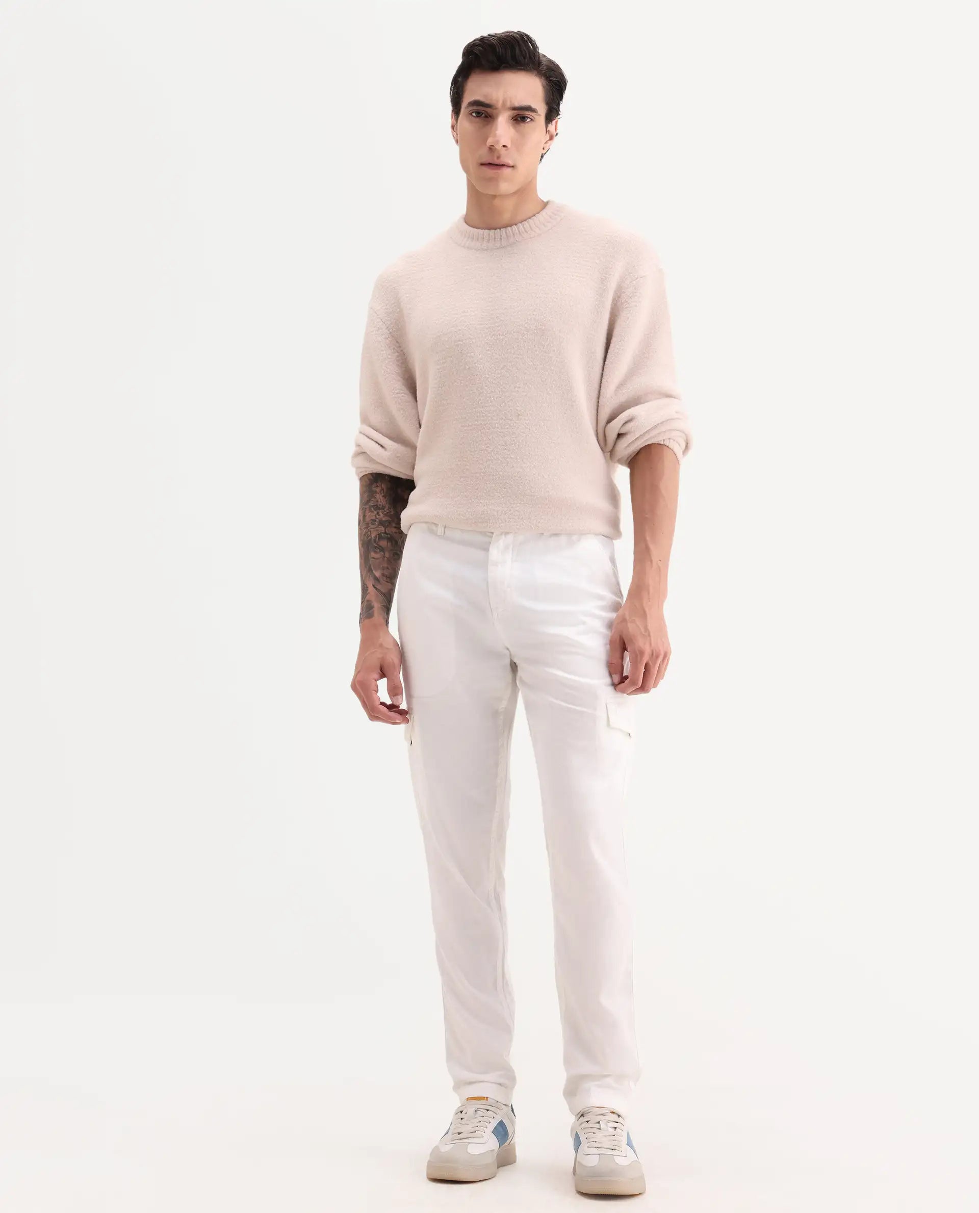 Rare Rabbit Men's Curon Off White Cotton Plain Regular Fit Trouser