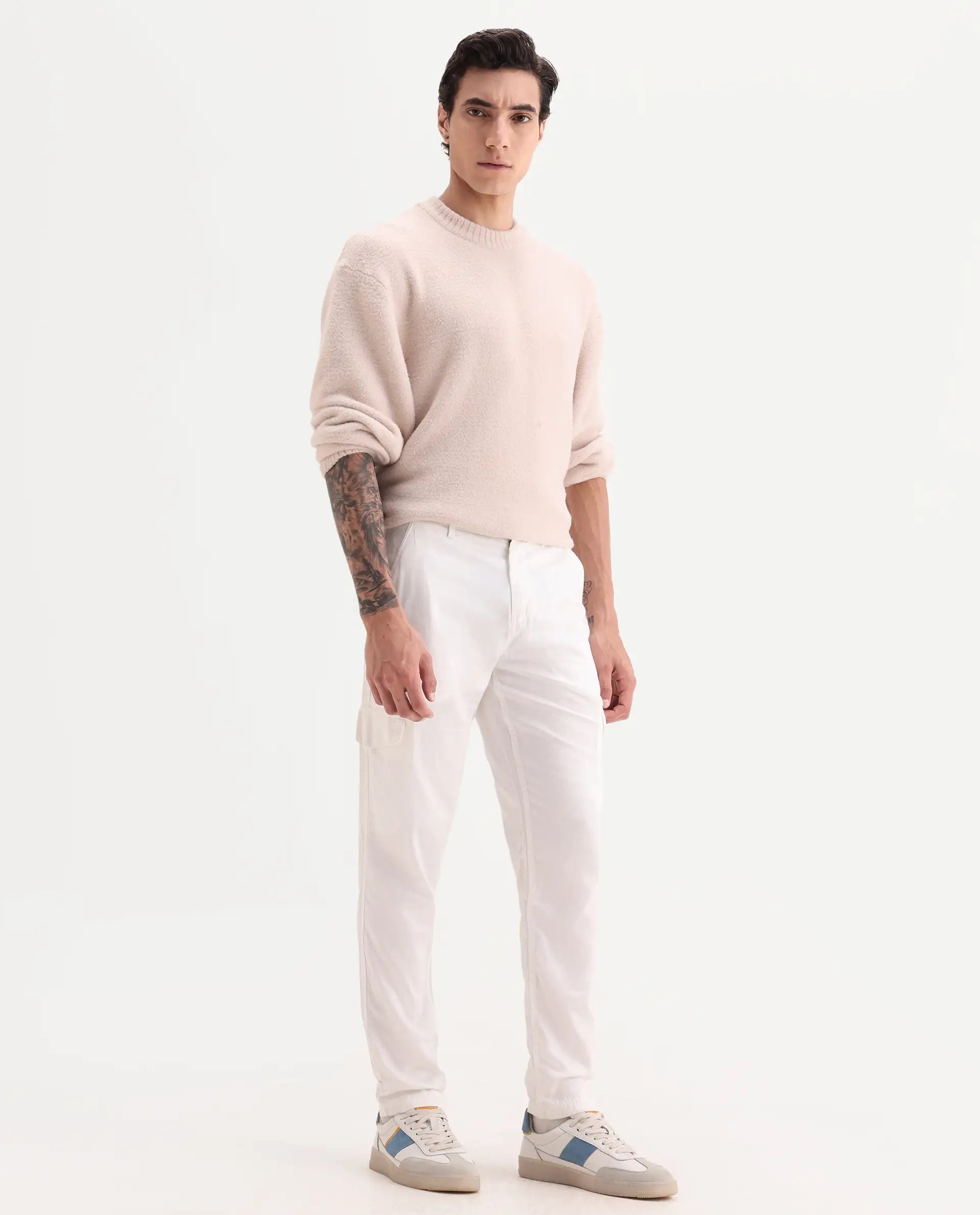 Rare Rabbit Men's Curon Off White Cotton Plain Regular Fit Trouser