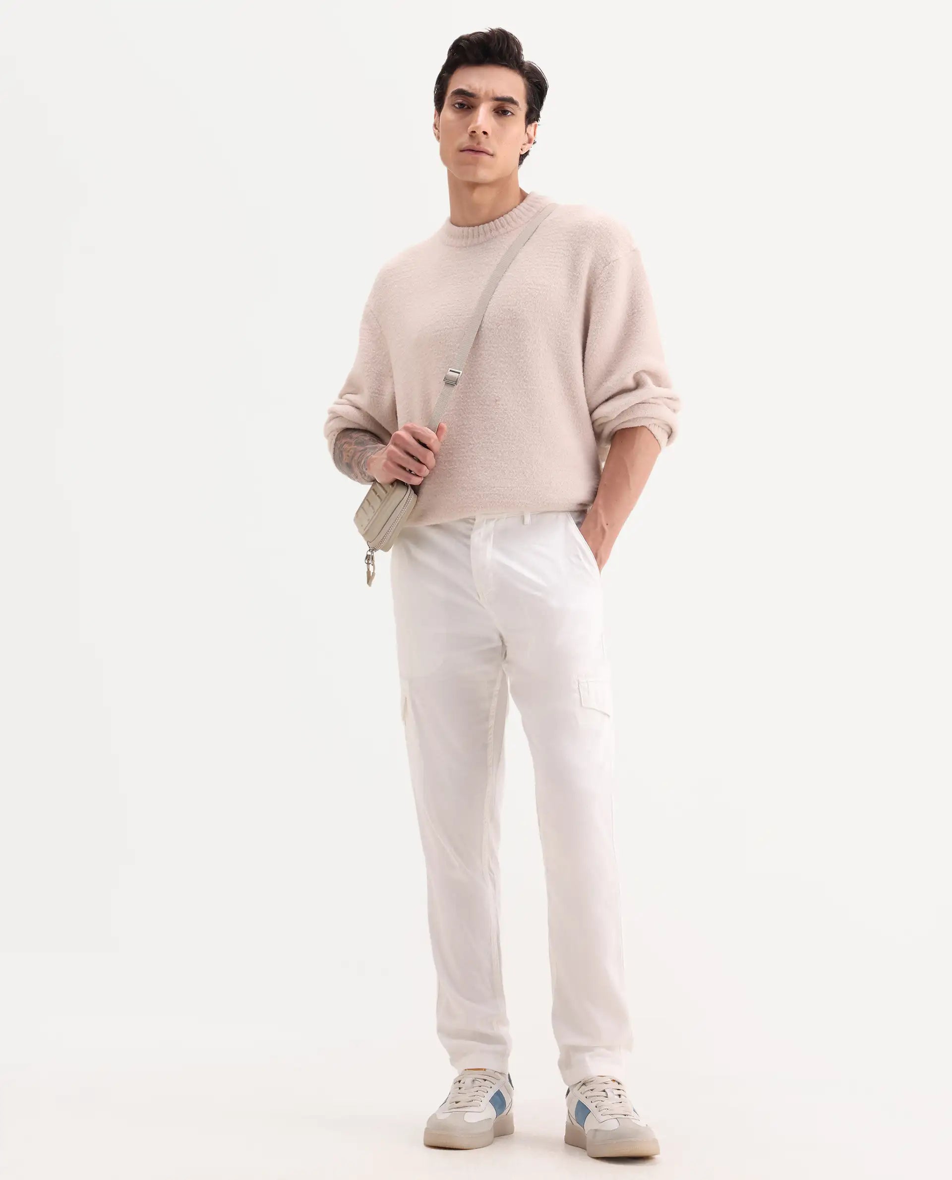 Rare Rabbit Men's Curon Off White Cotton Plain Regular Fit Trouser