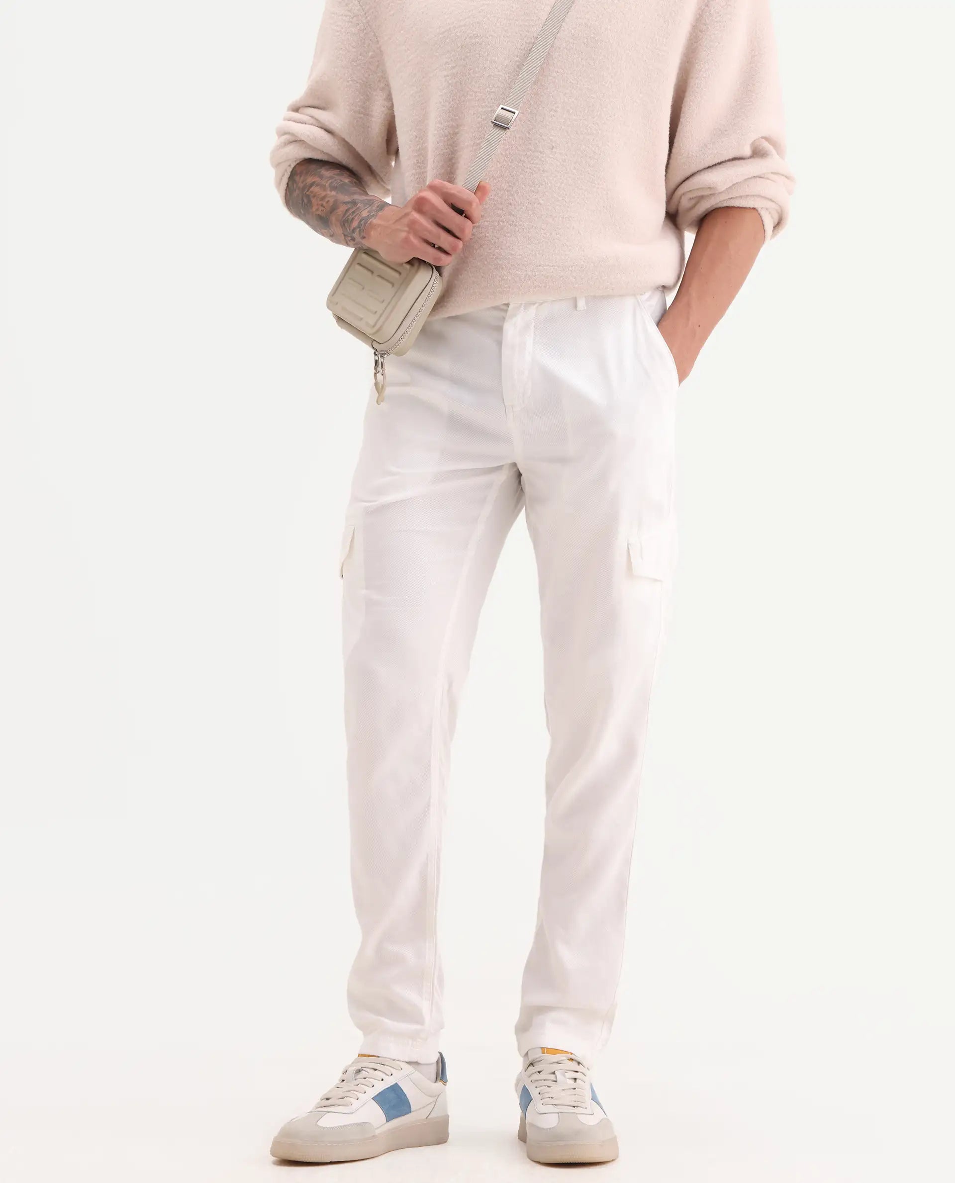 Rare Rabbit Men's Curon Off White Cotton Plain Regular Fit Trouser