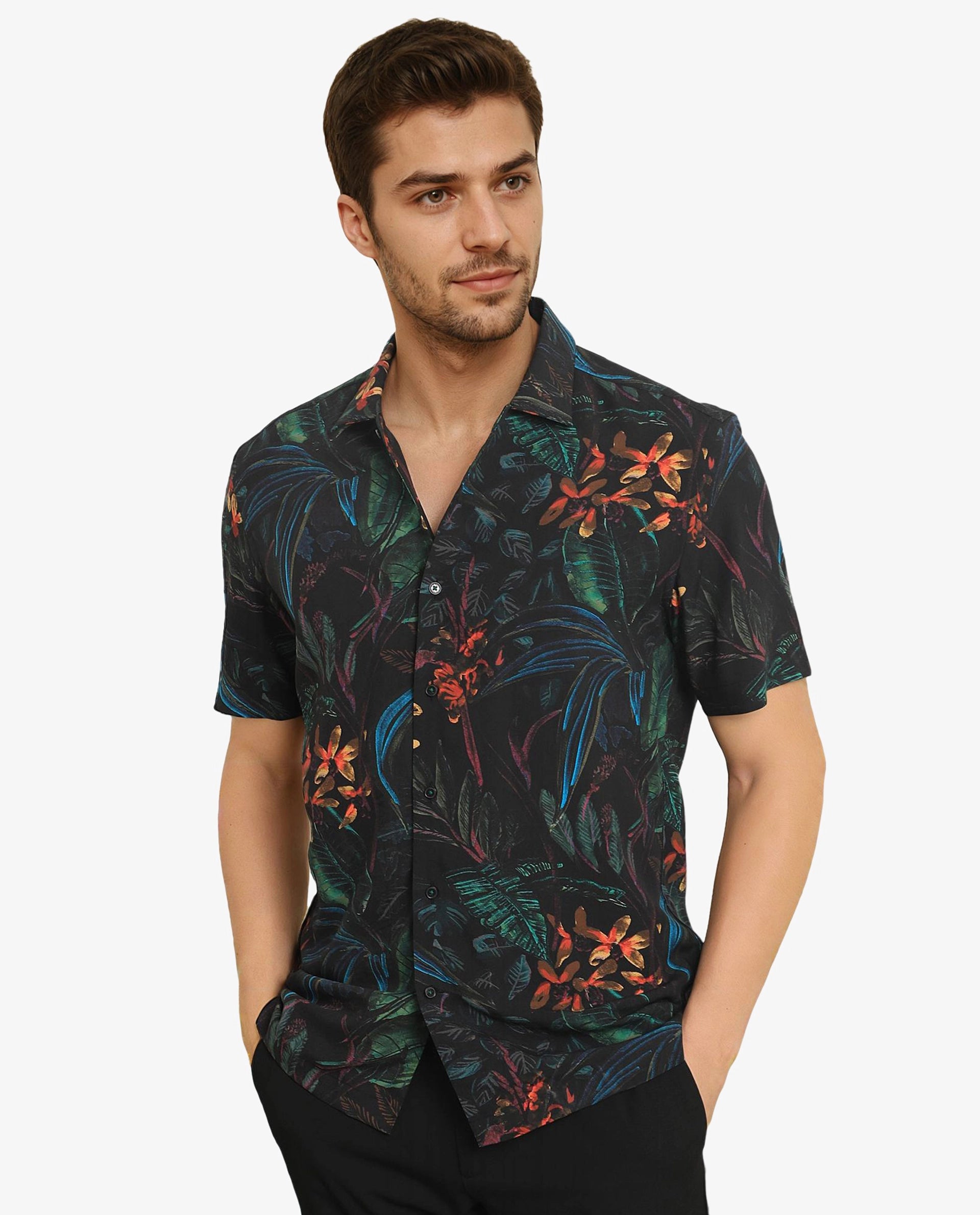 Rare Rabbit Men's Dabney Black Viscose Fabric Half Sleeves Tropical Print Shirt