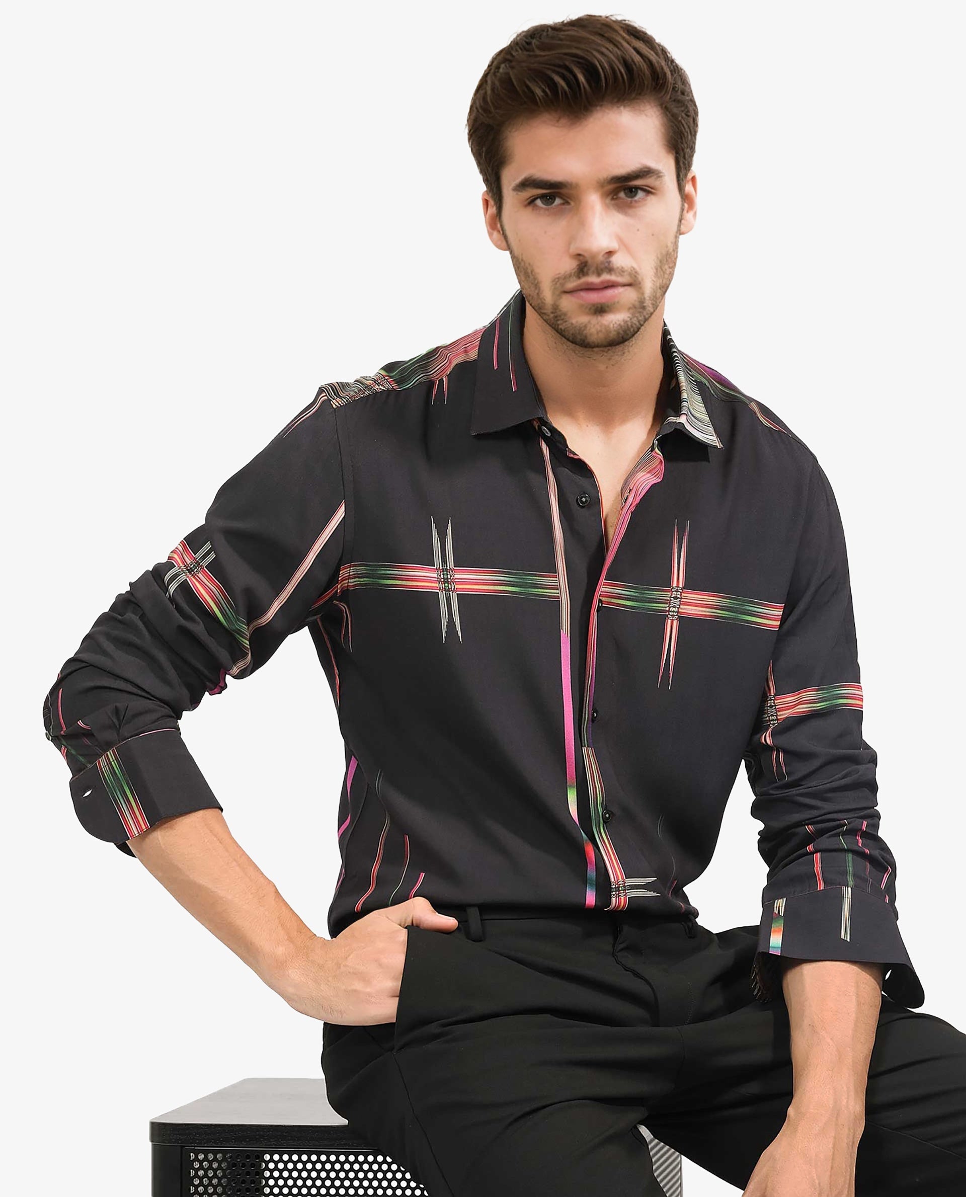 Rare Rabbit Men's Dale Black Viscose Fabric Abstract Print Full Sleeves Shirt