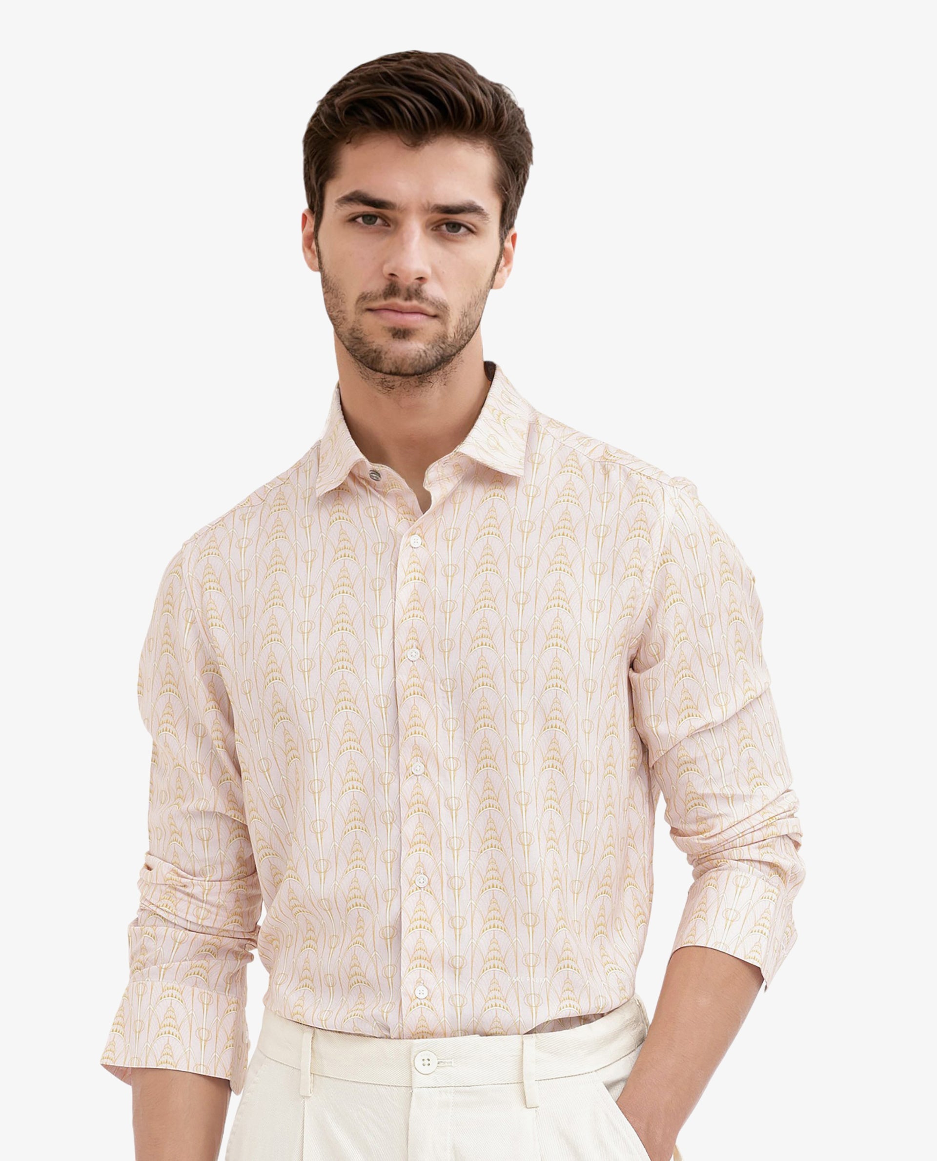 Rare Rabbit Mens Dalime Pastel Pink Viscose Fabric Full Sleeves Geometric Print Shirt