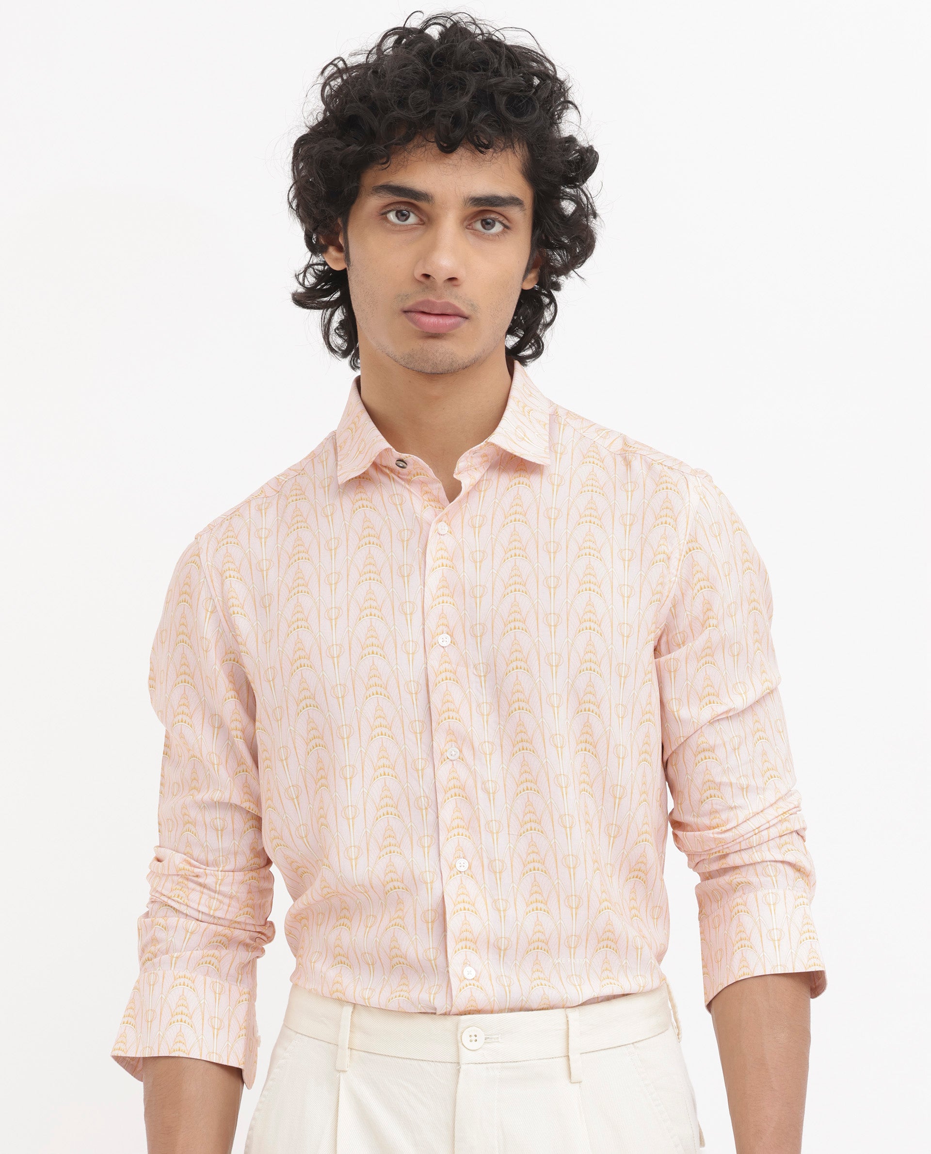 Rare Rabbit Mens Dalime Pastel Pink Viscose Fabric Full Sleeves Geometric Print Shirt