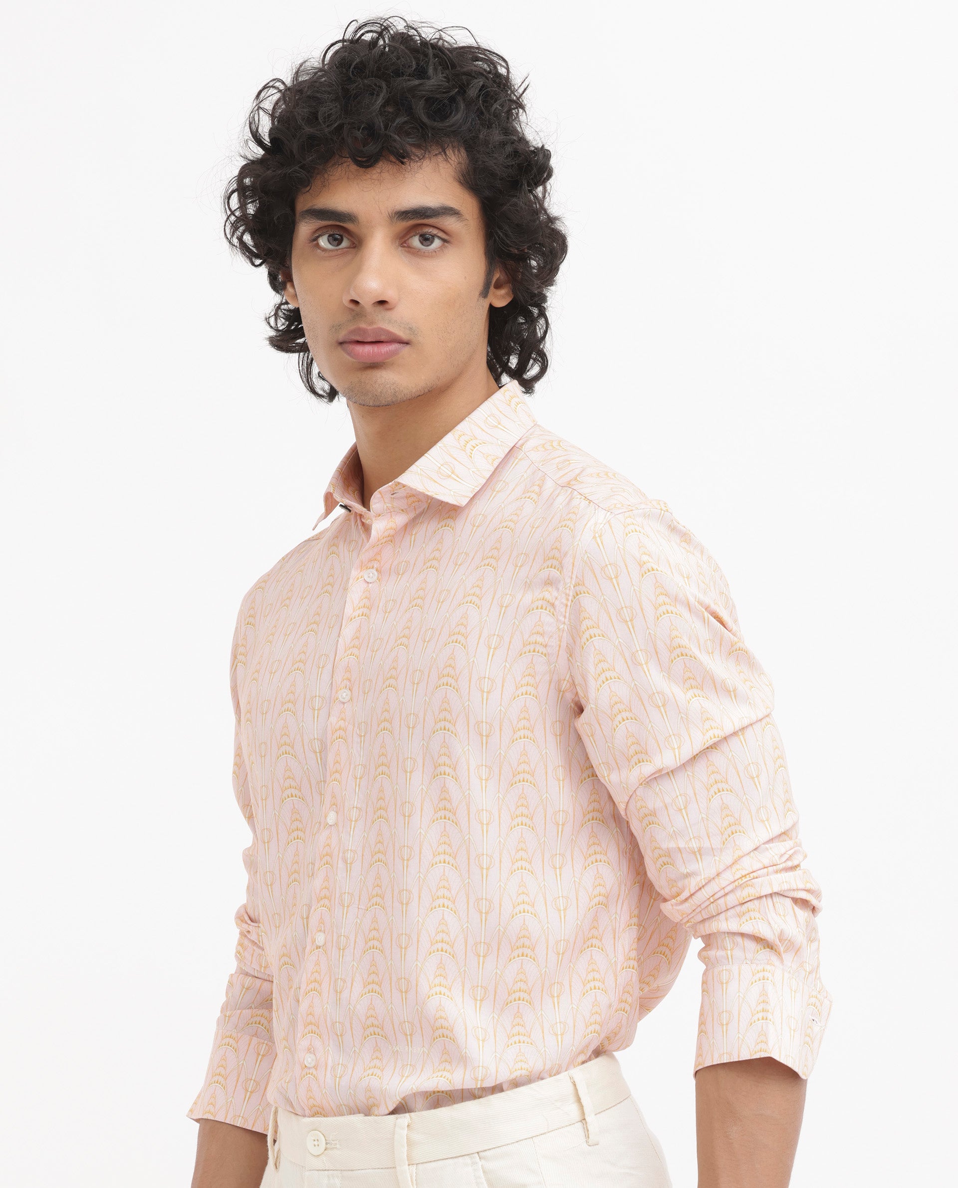 Rare Rabbit Mens Dalime Pastel Pink Viscose Fabric Full Sleeves Geometric Print Shirt