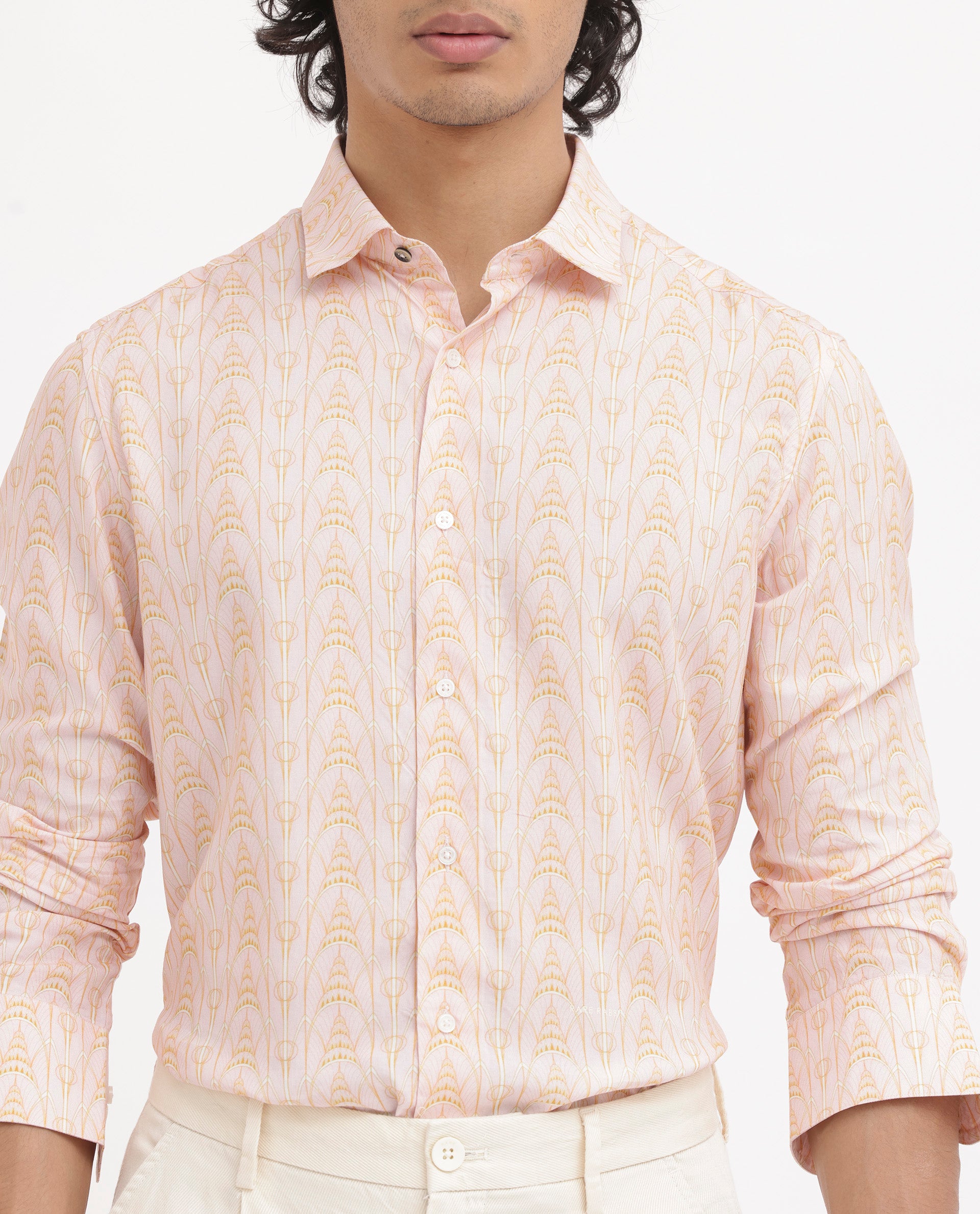 Rare Rabbit Mens Dalime Pastel Pink Viscose Fabric Full Sleeves Geometric Print Shirt