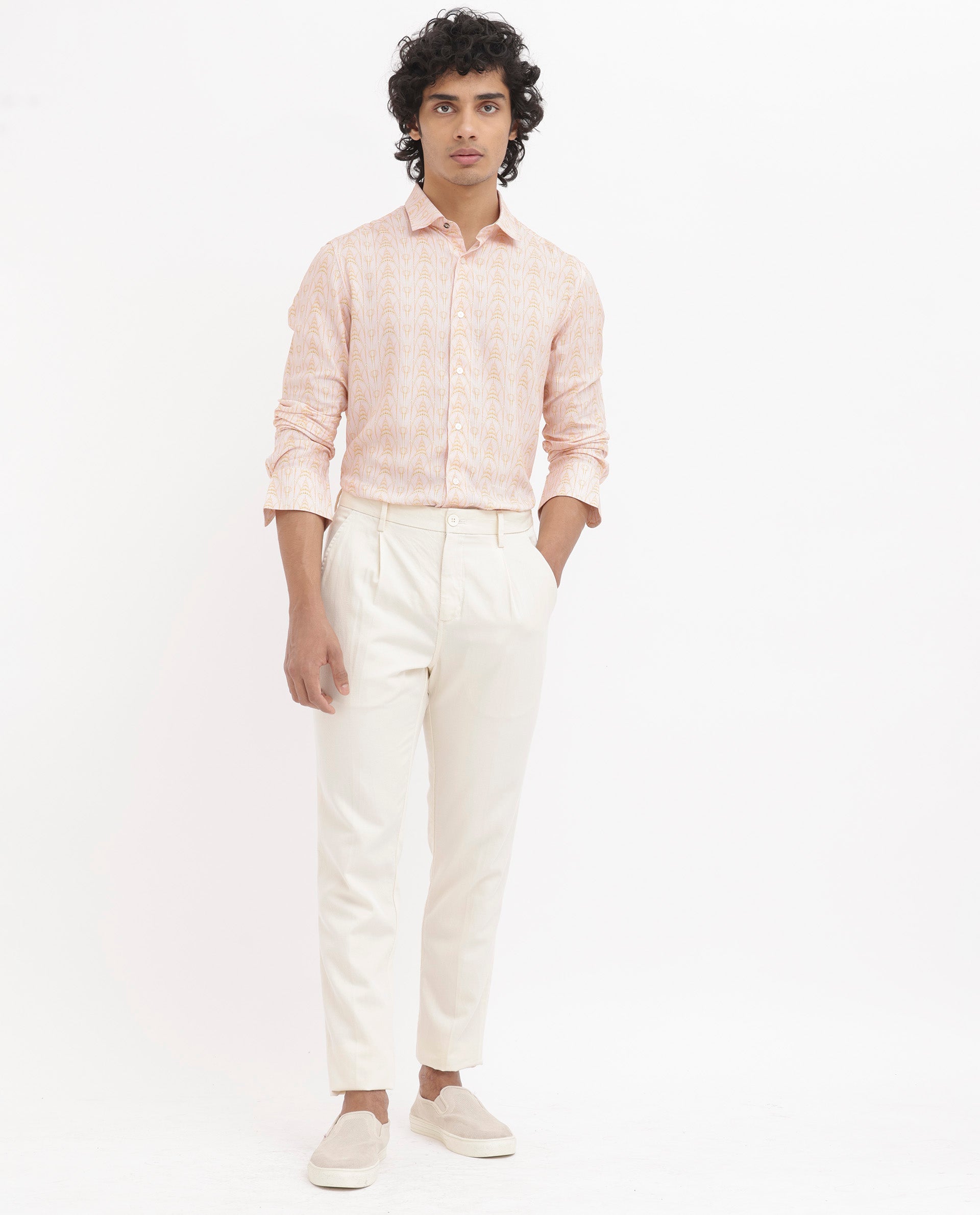 Rare Rabbit Mens Dalime Pastel Pink Viscose Fabric Full Sleeves Geometric Print Shirt