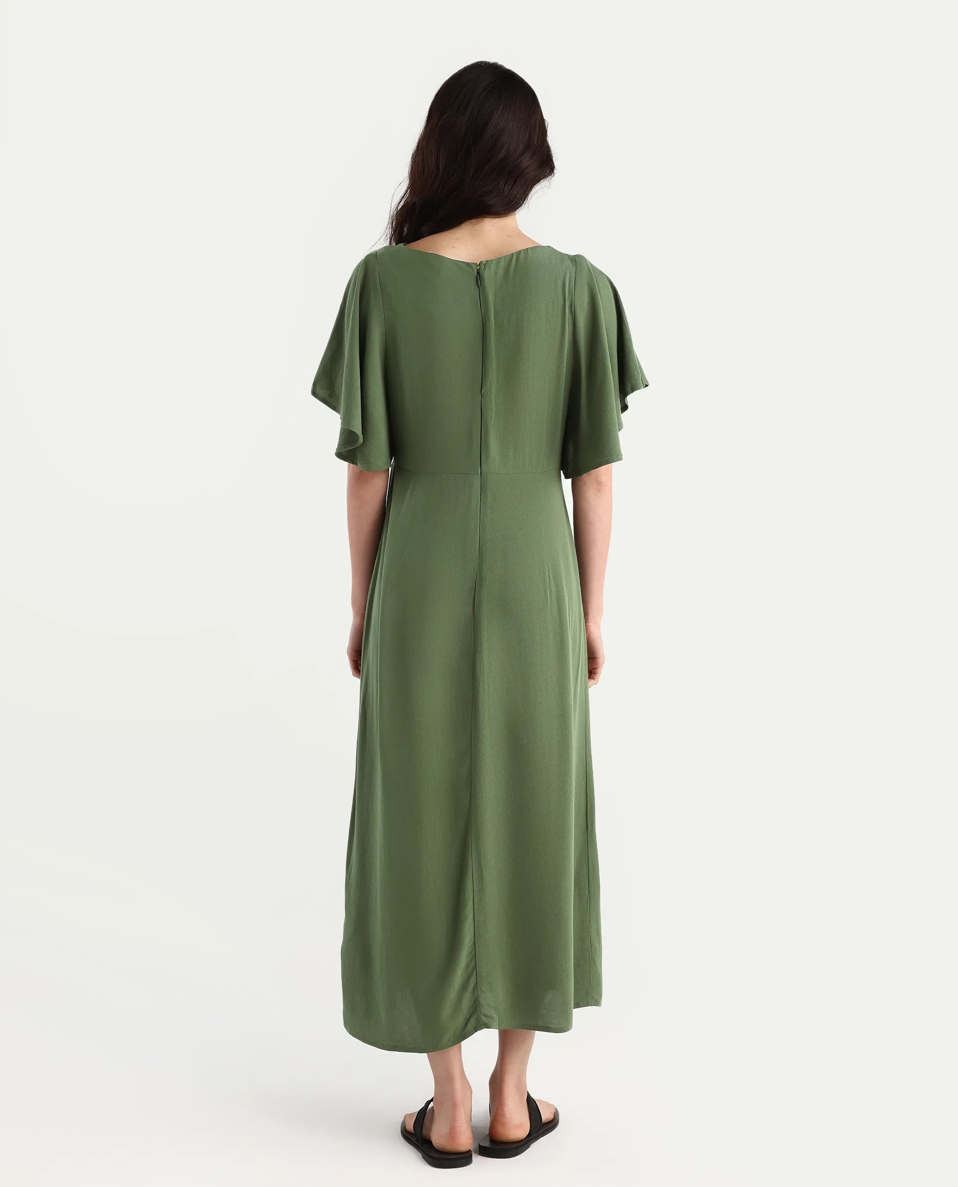 Rareism Women's Dana Green Crew Neck Plain Ruffled Sleeve Midi Fit And Flare Dress