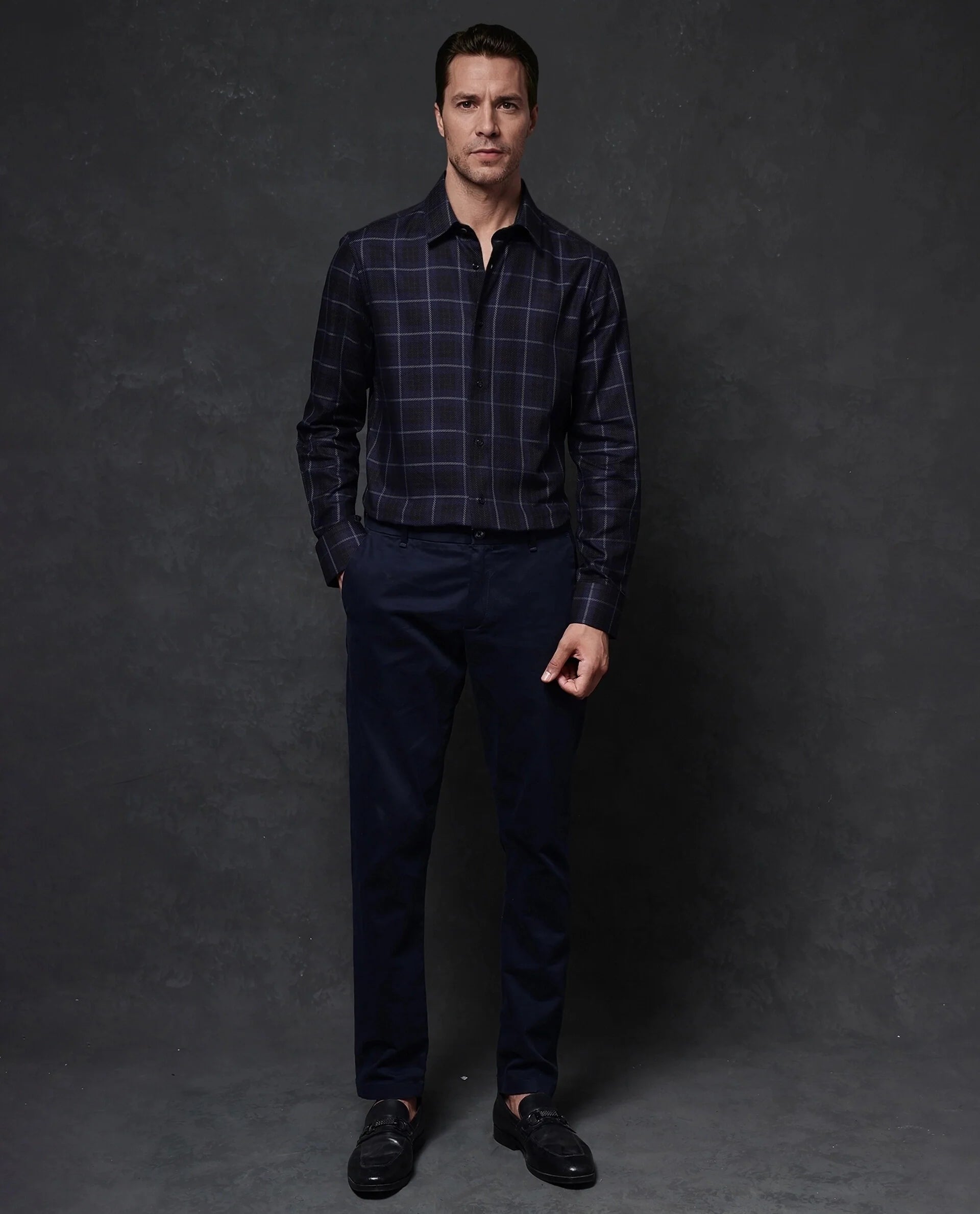 Rare Rabbit Men Dany Navy Full Sleeve Regular Collar Button Closure Regular Fit Checks Shirt