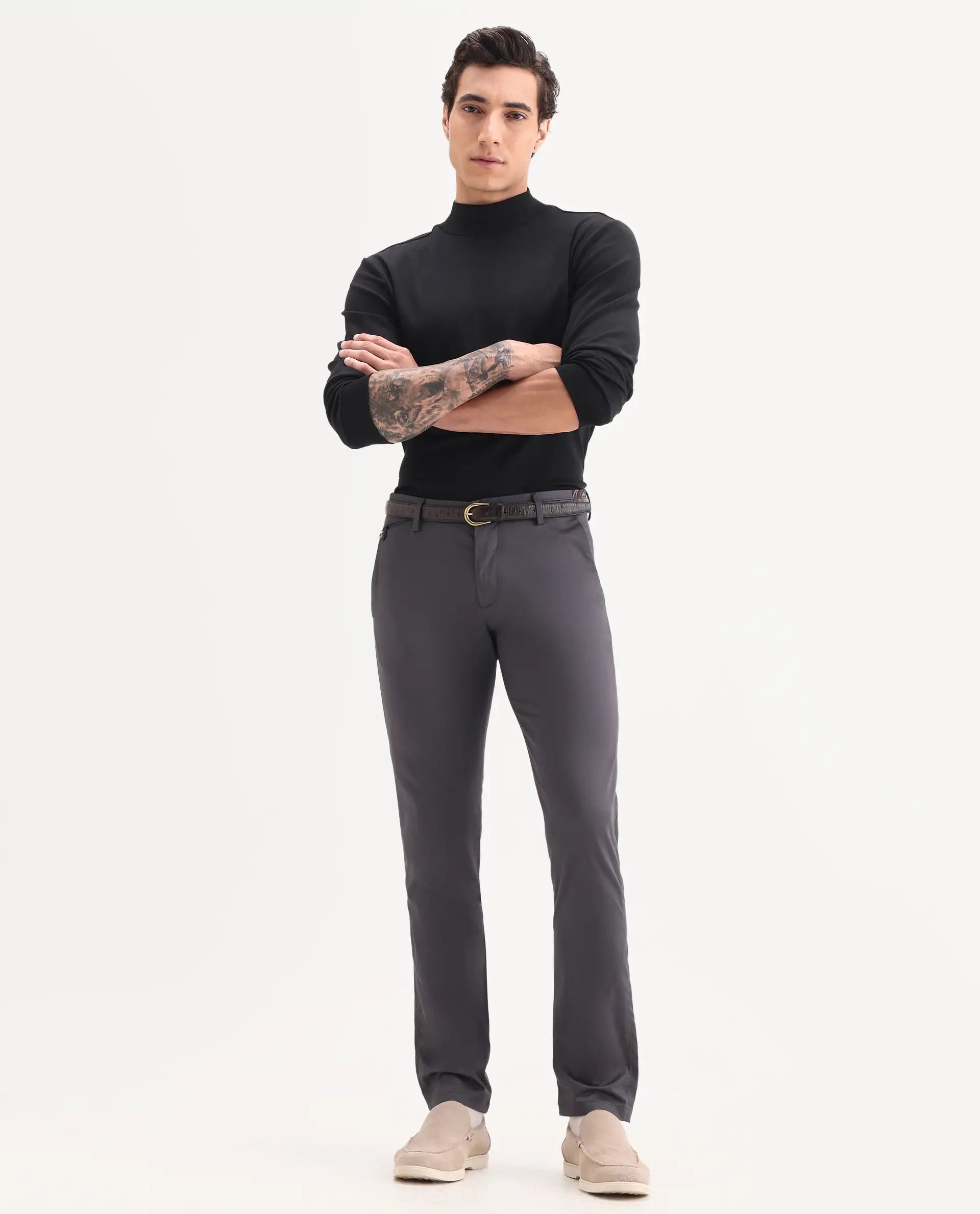 Rare Rabbit Men's Daron Grey Cotton Plain Regular Fit Trouser