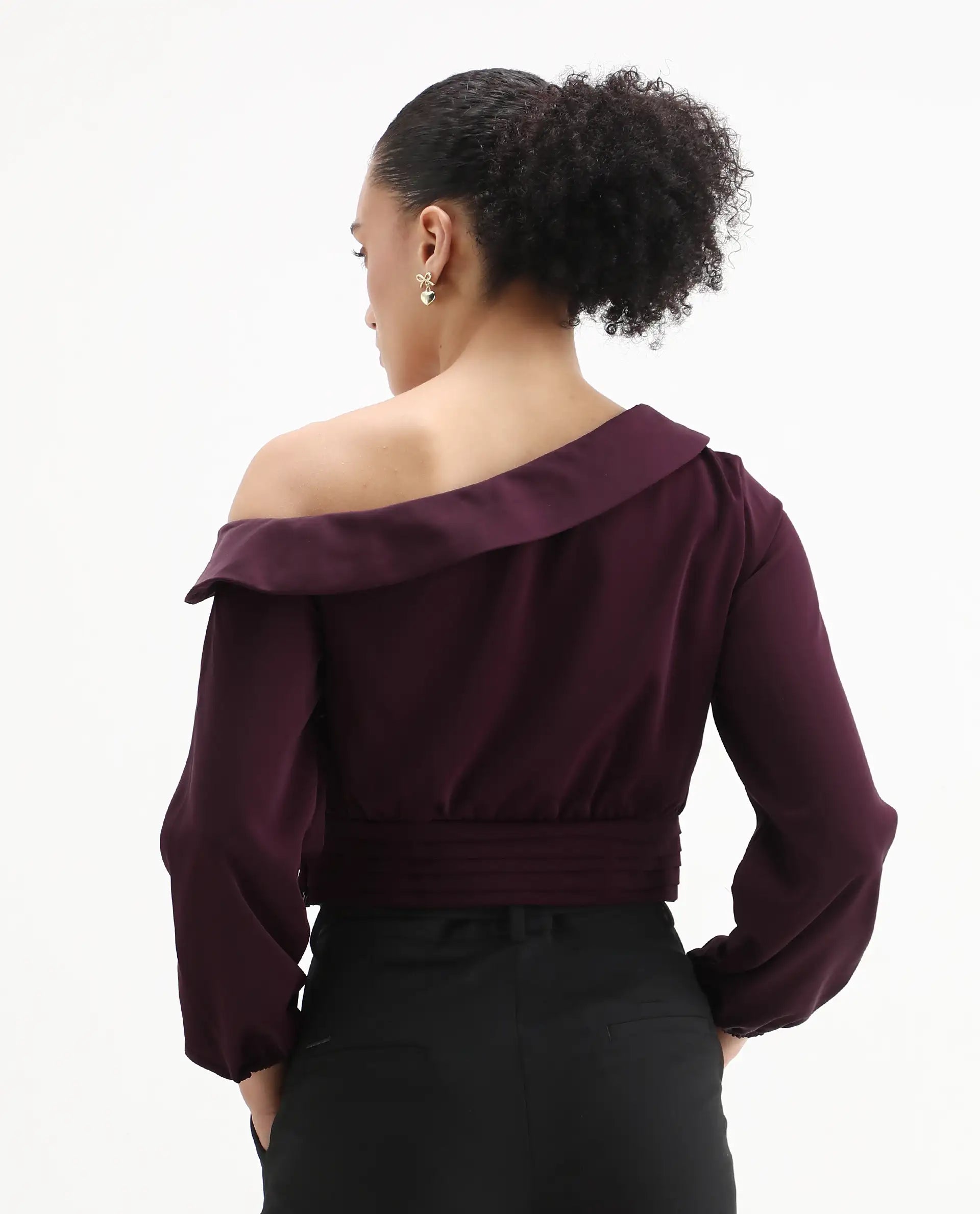 Rareism Women's Darople Red Satin One Shoulder Plain Bishop Sleeve Crop Regular Fit Top