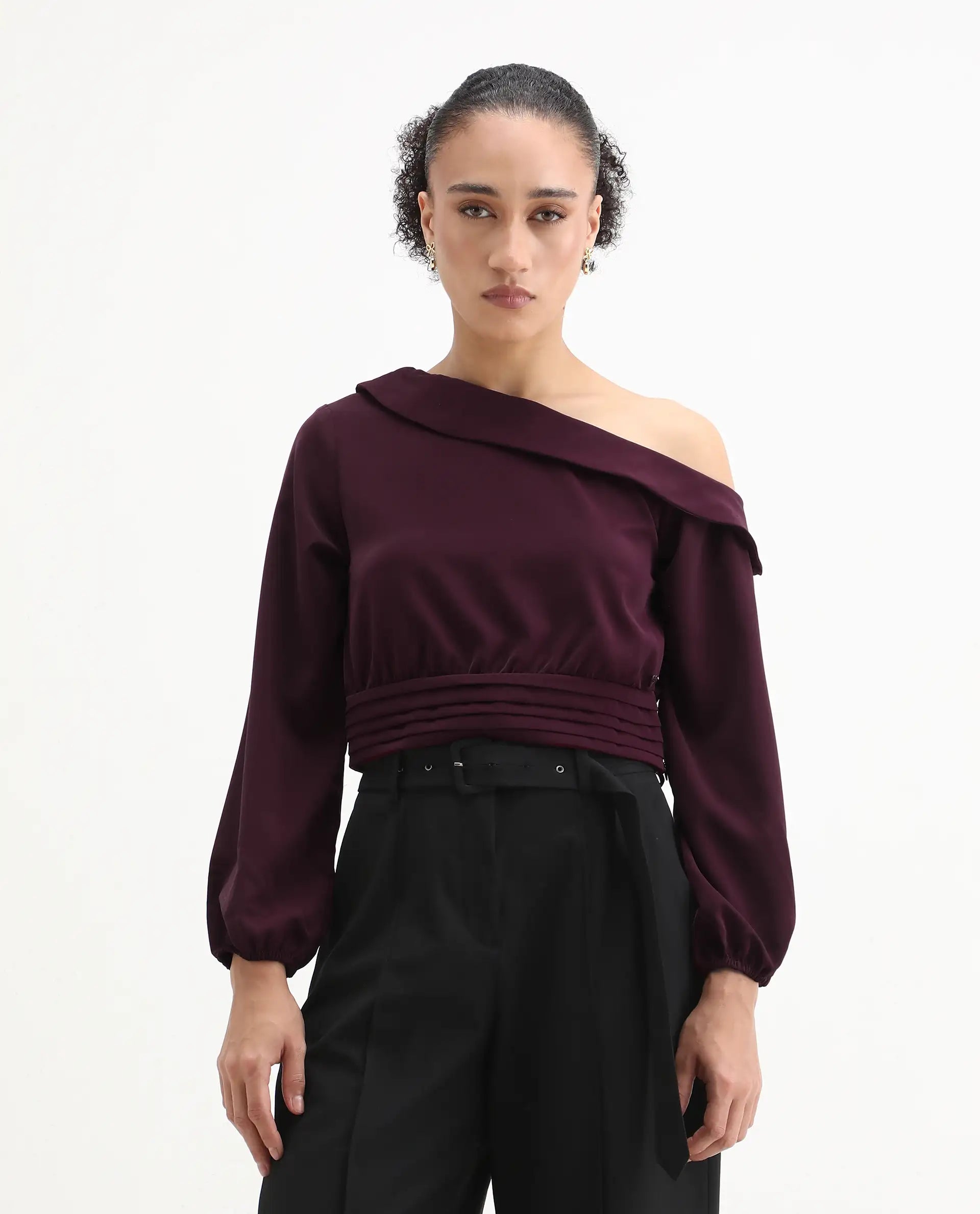 Rareism Women's Darople Red Satin One Shoulder Plain Bishop Sleeve Crop Regular Fit Top