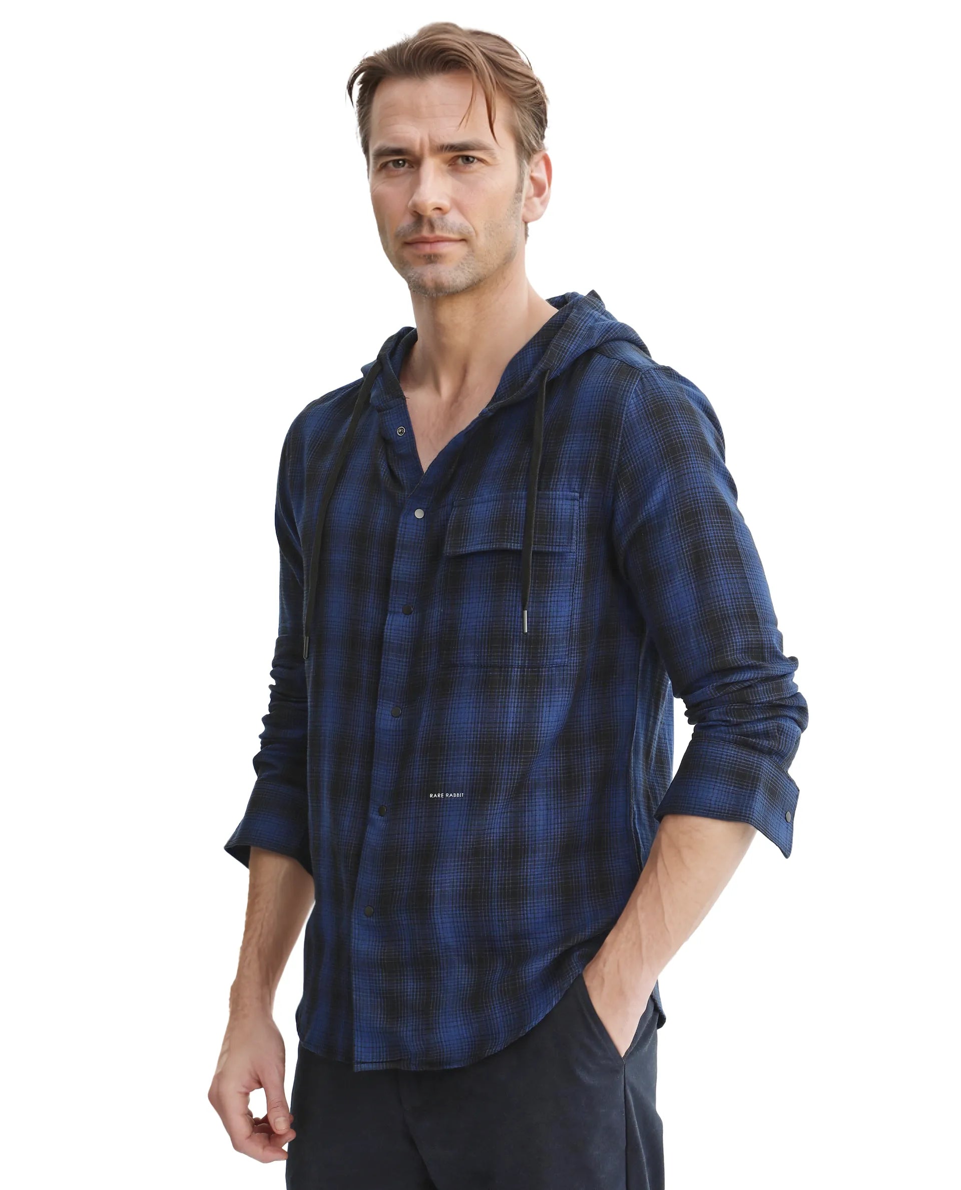 Rare Rabbit Men's Dartmouth Navy Cotton Fabric Full Sleeve Collared Neck Oversized Fit Checks Shirt