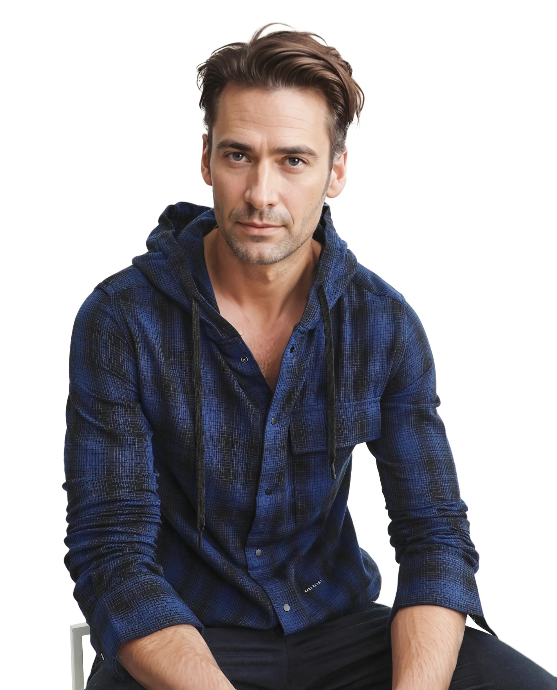 Rare Rabbit Men's Dartmouth Navy Cotton Fabric Full Sleeve Collared Neck Oversized Fit Checks Shirt