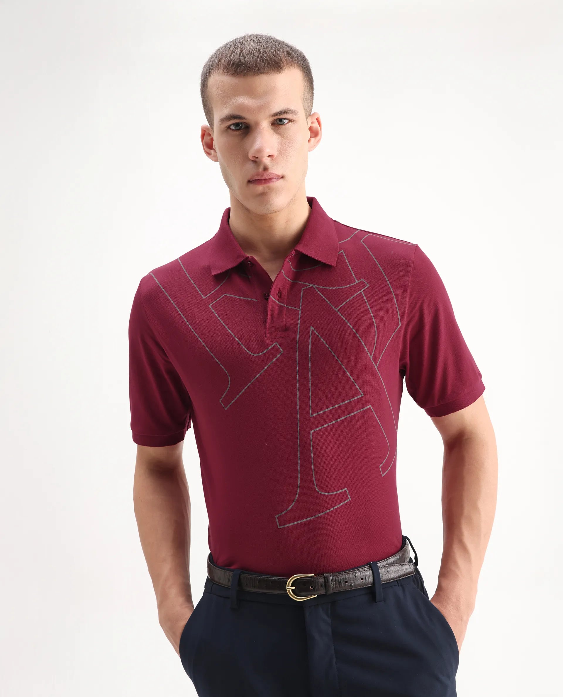 Rare Rabbit Men's Daryl Red Cotton Graphic Print Regular Fit Half Sleeve Polo