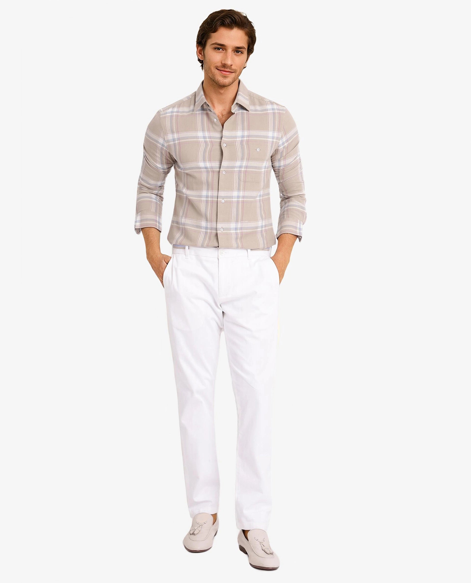 Rare Rabbit Men Davi Beige Cotton Full Sleeve Regular Collar Button Closure Regular Fit Checks Shirt