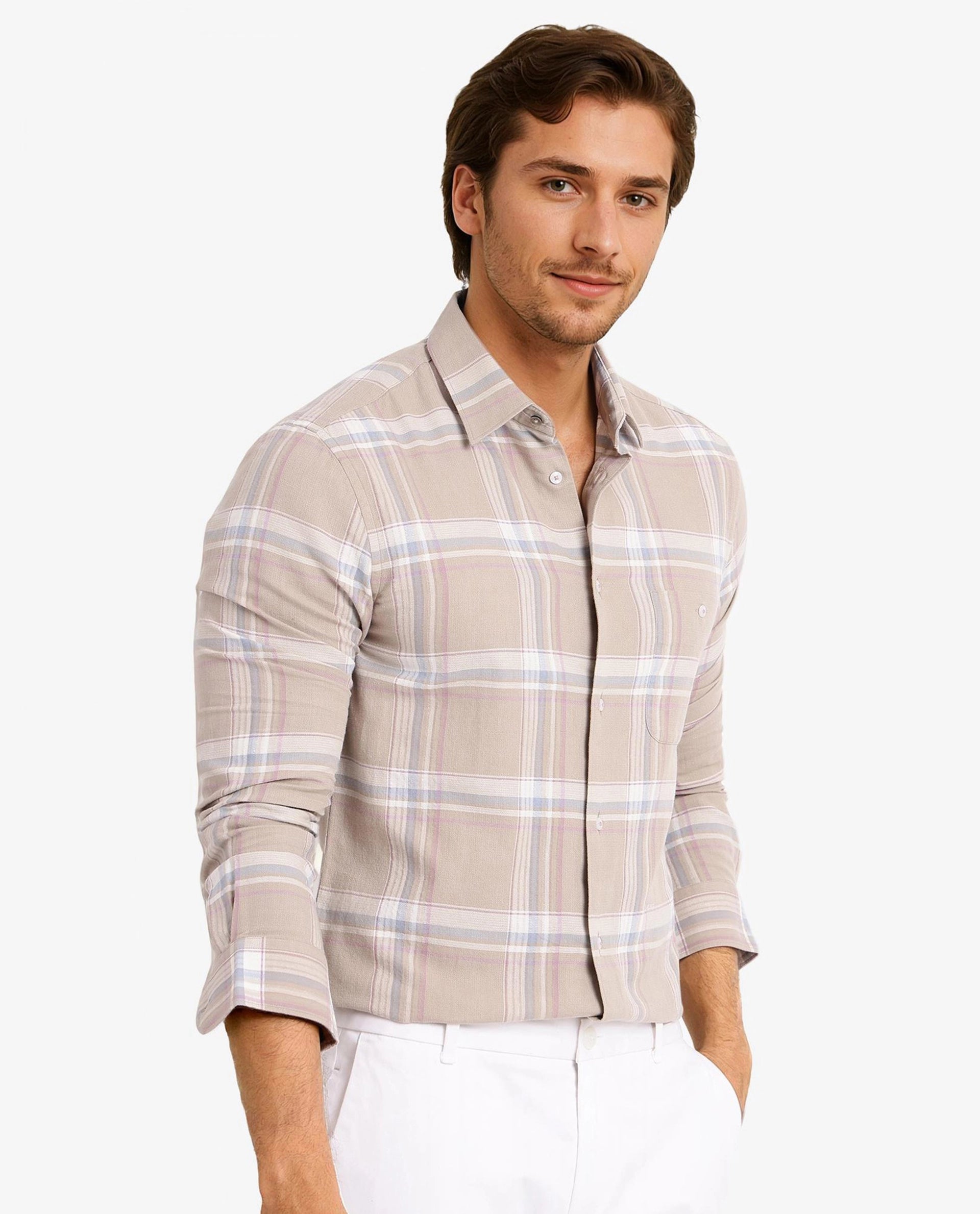 Rare Rabbit Men Davi Beige Cotton Full Sleeve Regular Collar Button Closure Regular Fit Checks Shirt