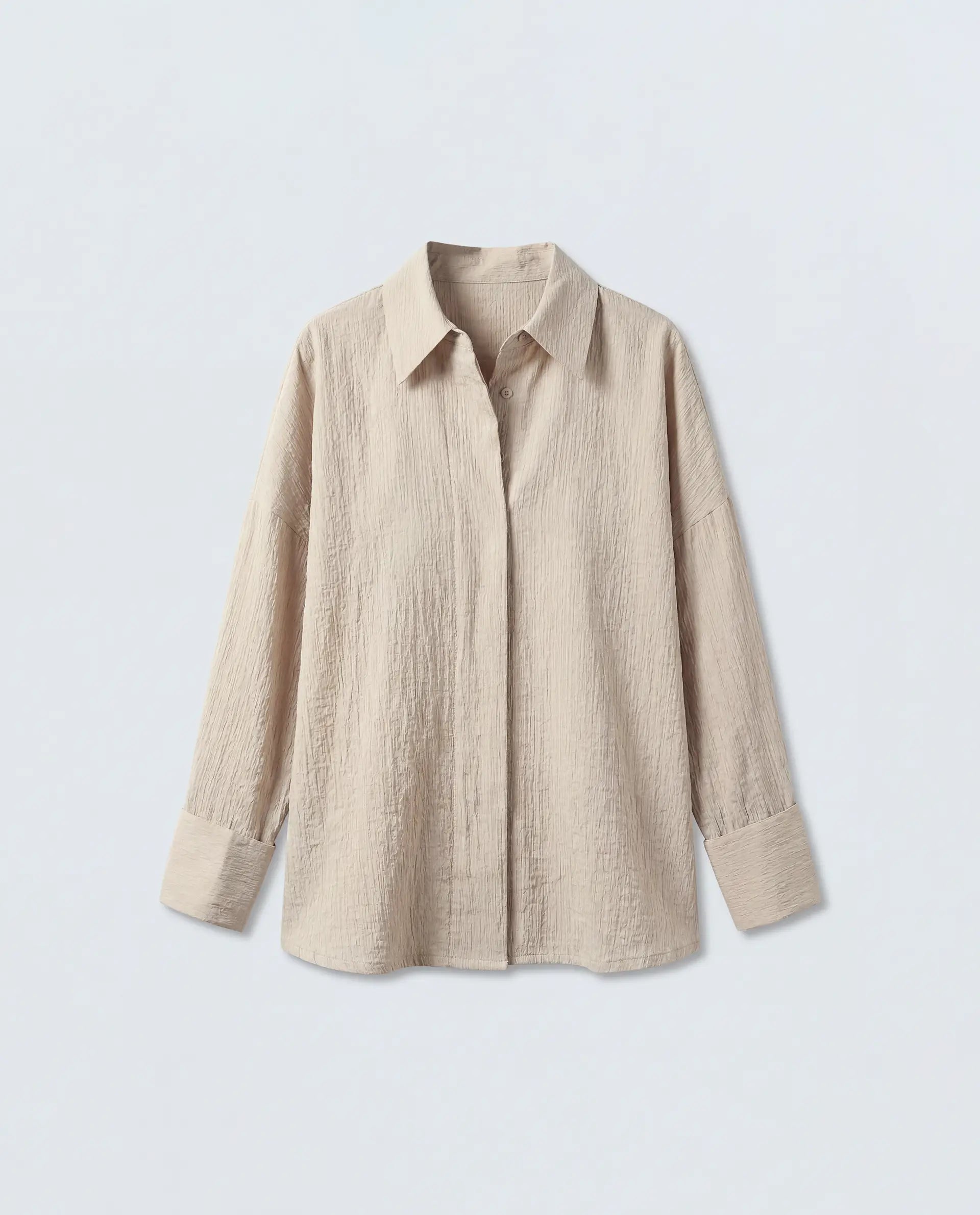 Rareism Women's Davi Beige Viscose Blend Full Sleeve Spread Collar Button Oversized Plain Shirt Oversize
