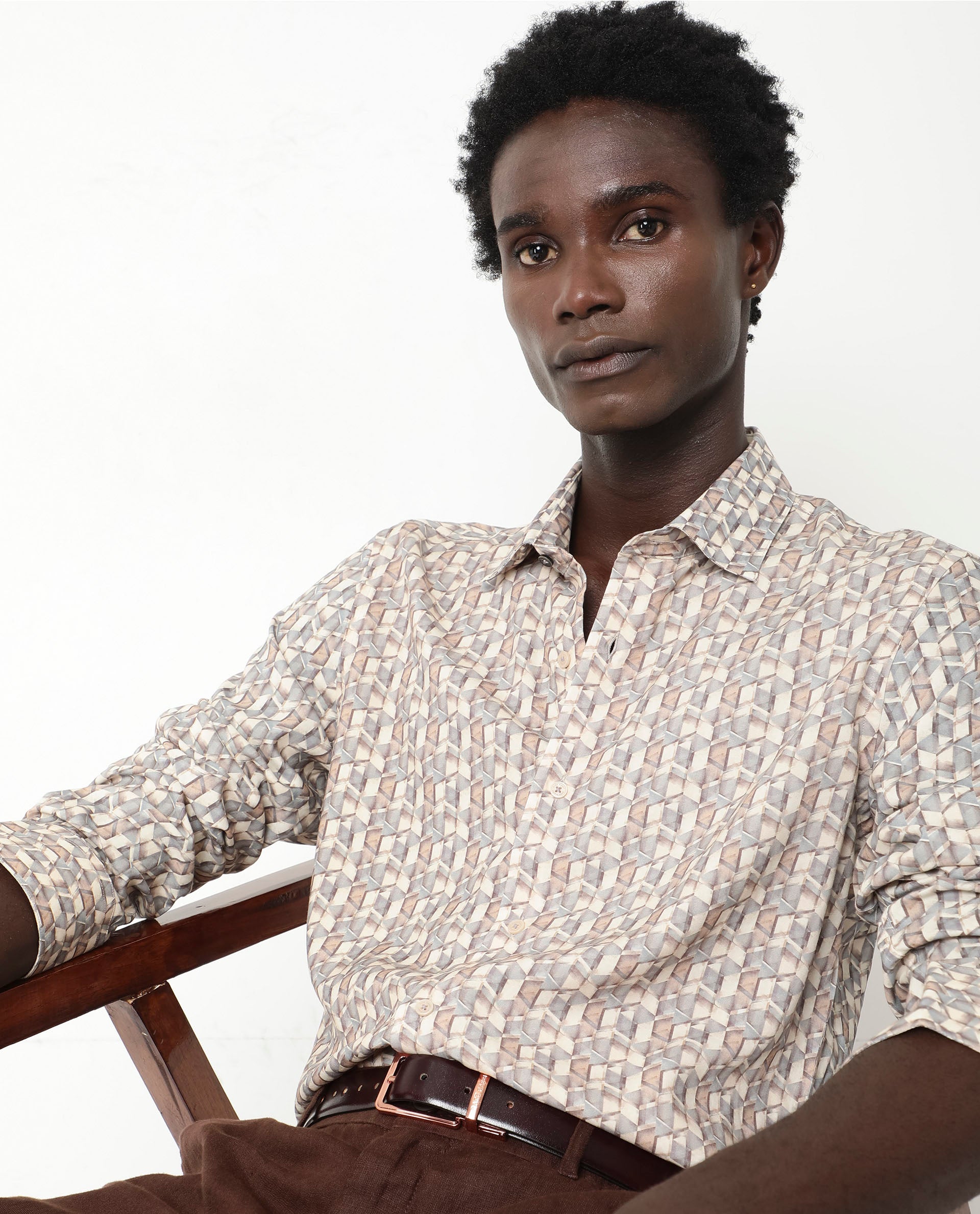 Rare Rabbit Men's Denberg LS Beige Viscose Fabric Full Sleeves Print Regular Fit Shirt