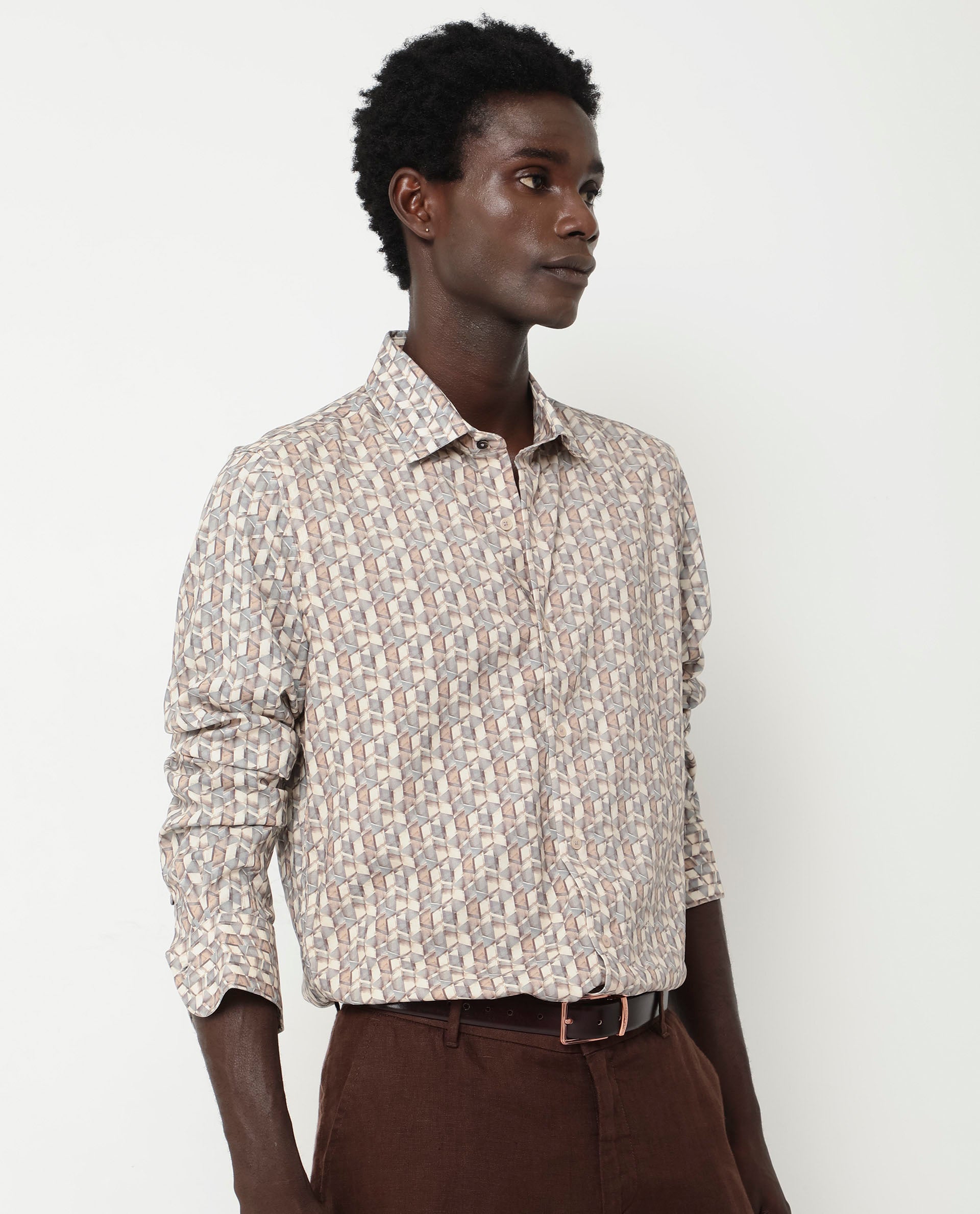 Rare Rabbit Men's Denberg LS Beige Viscose Fabric Full Sleeves Print Regular Fit Shirt