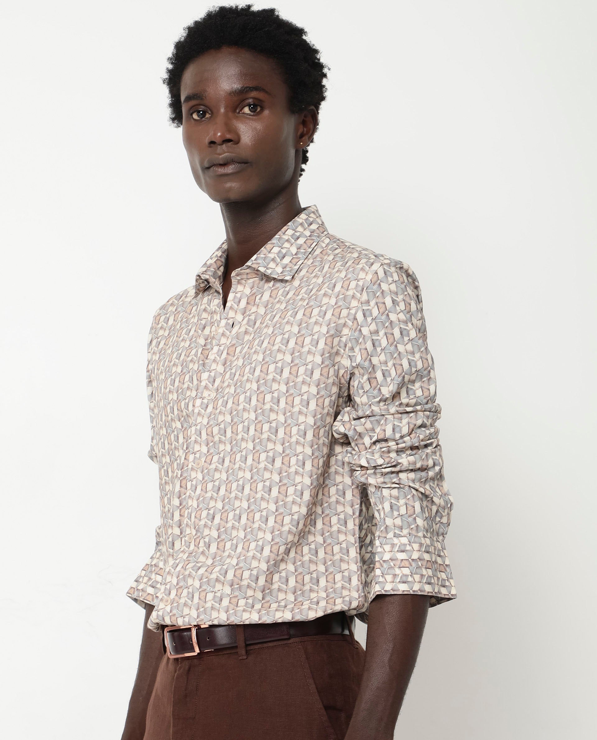 Rare Rabbit Men's Denberg LS Beige Viscose Fabric Full Sleeves Print Regular Fit Shirt