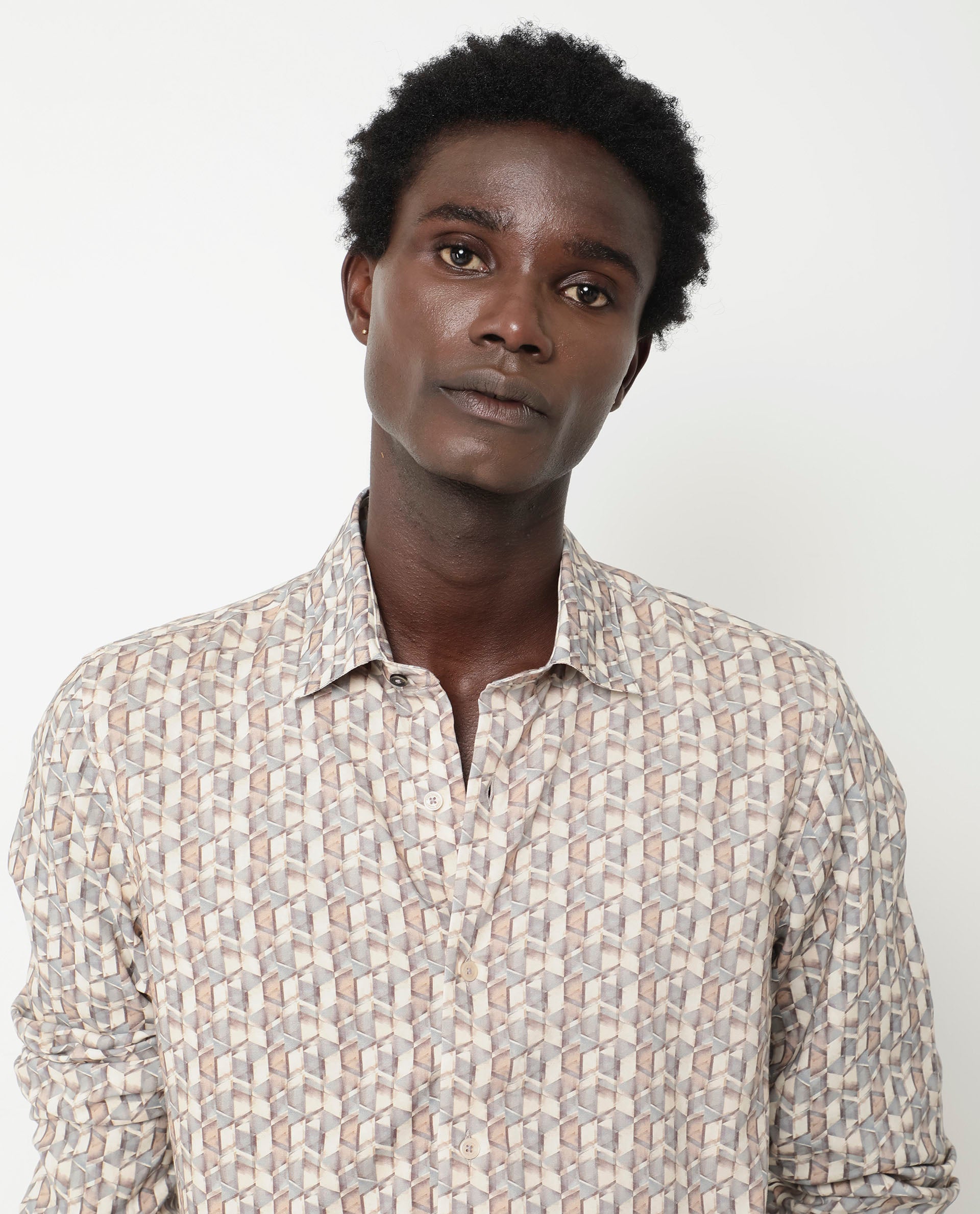 Rare Rabbit Men's Denberg LS Beige Viscose Fabric Full Sleeves Print Regular Fit Shirt