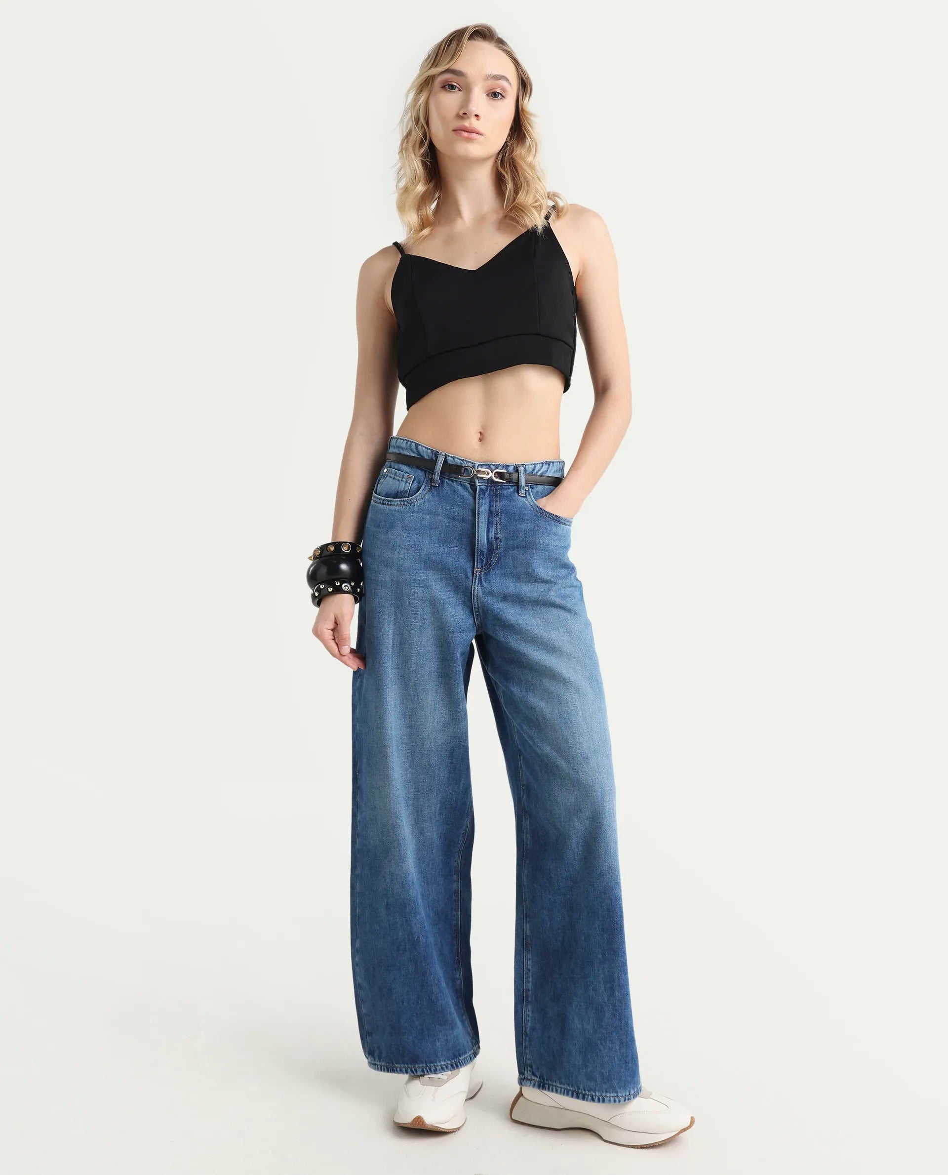 Rareism Women's Denil Light Blue Cotton Wide Leg Plain Jeans