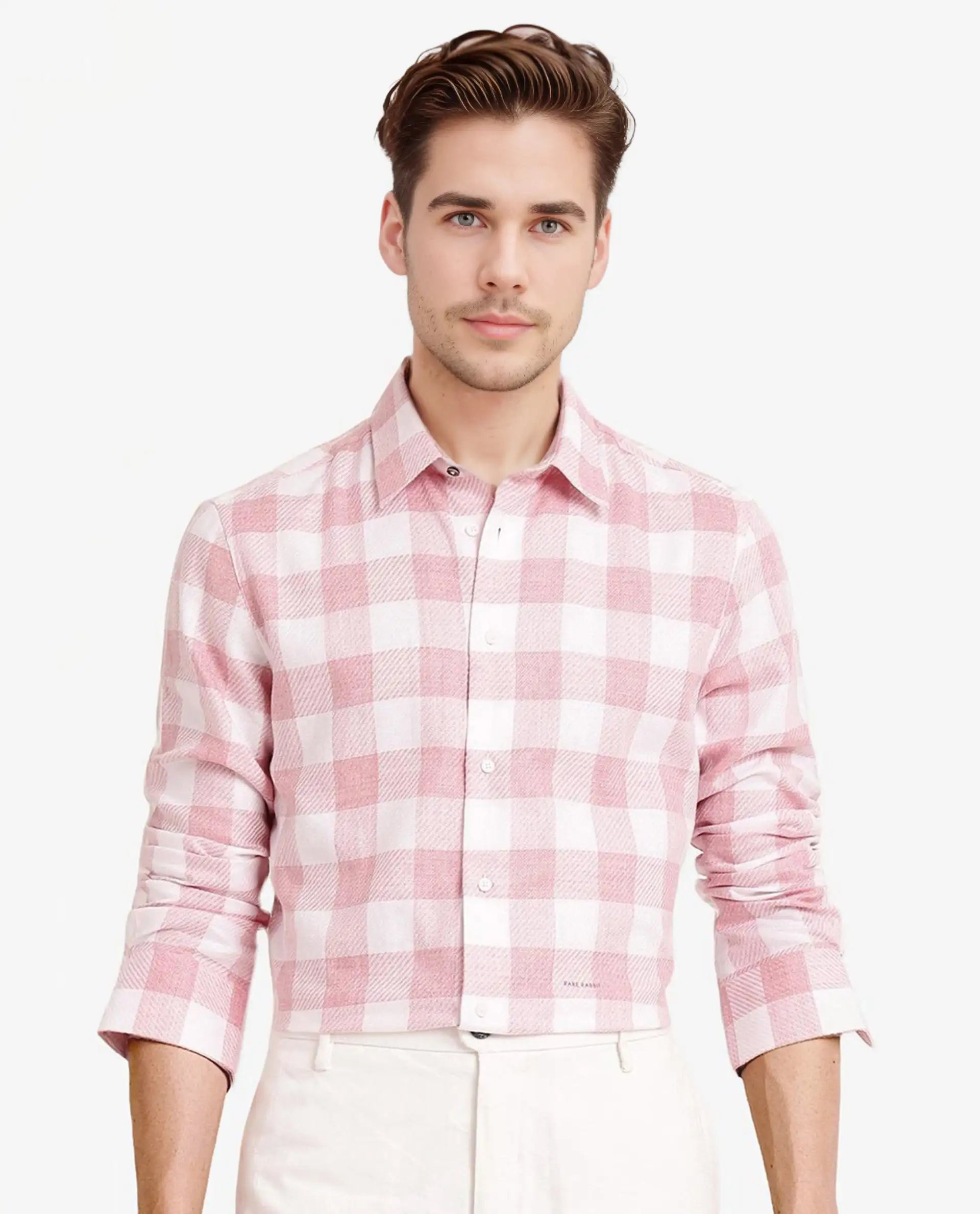 Rare Rabbit Men's Denmark Light Pink Cotton Blend Checked Print Regular Fit Full Sleeve Collared Shirt