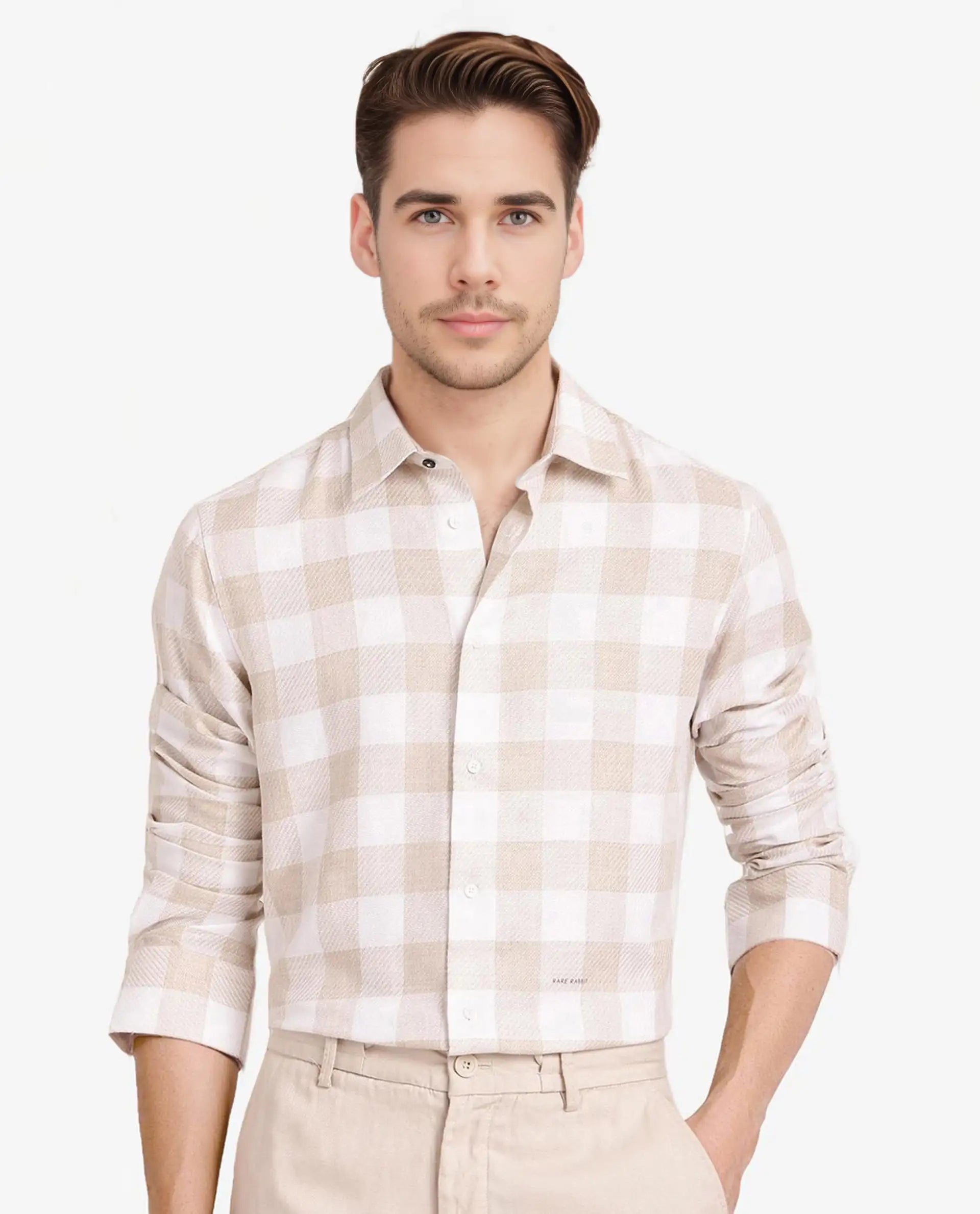 Rare Rabbit Men's Denmark Light Olive Cotton Blend Checked Print Regular Fit Full Sleeve Collared Shirt