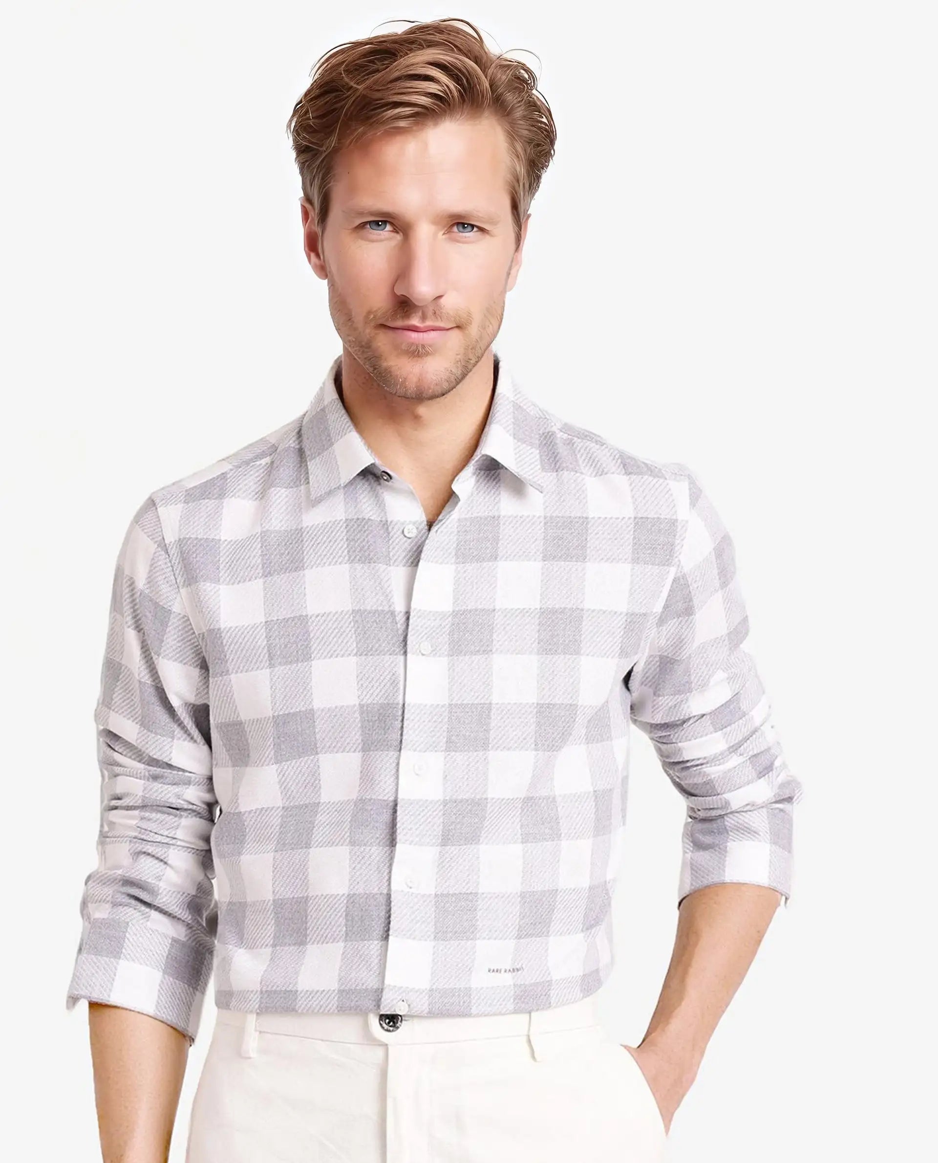 Rare Rabbit Men Denmark Light Grey Cotton Lyocell Fabric Full Sleeve Regular Collar Button Closure Checks Shirt