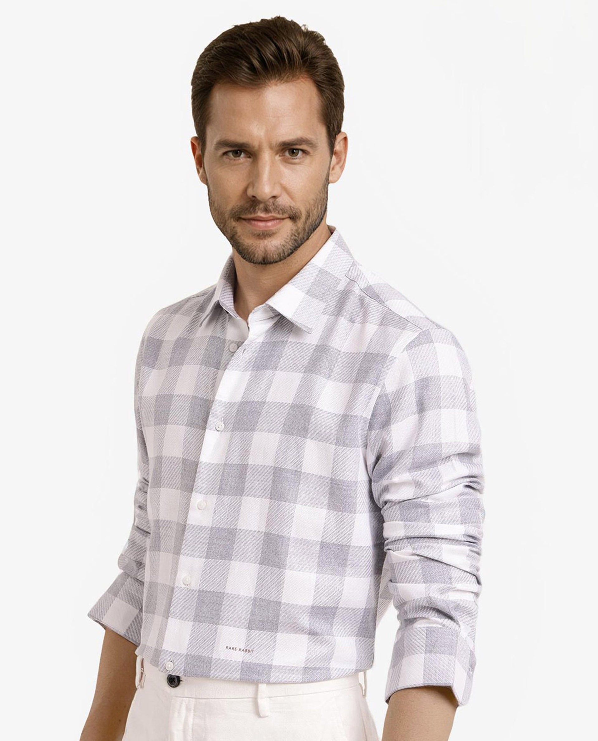 Rare Rabbit Men Denmark Light Grey Cotton Lyocell Fabric Full Sleeve Regular Collar Button Closure Checks Shirt