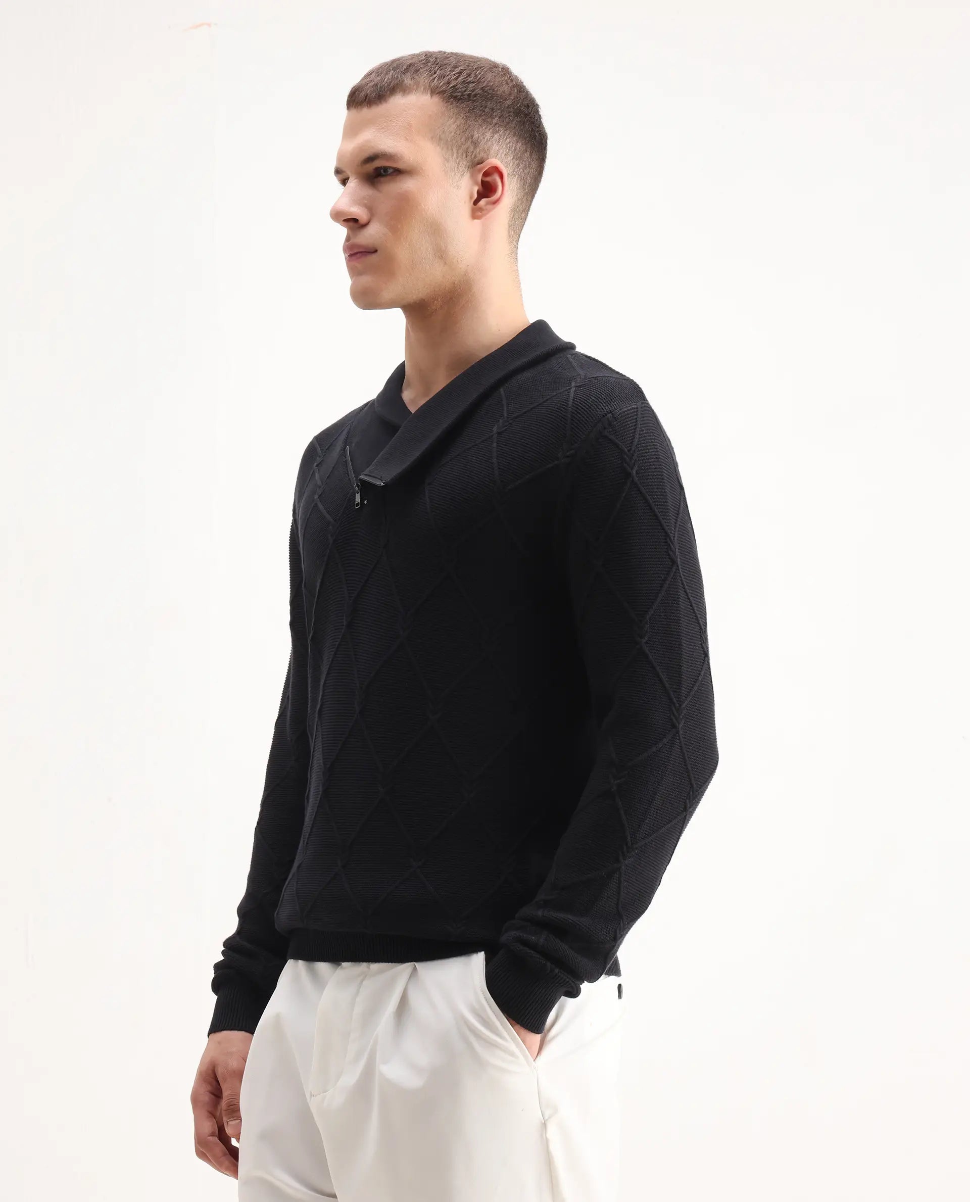 Rare Rabbit Men's Denor Black Cotton Paisley Print Regular Fit Full Sleeve Cowl Neck Sweater