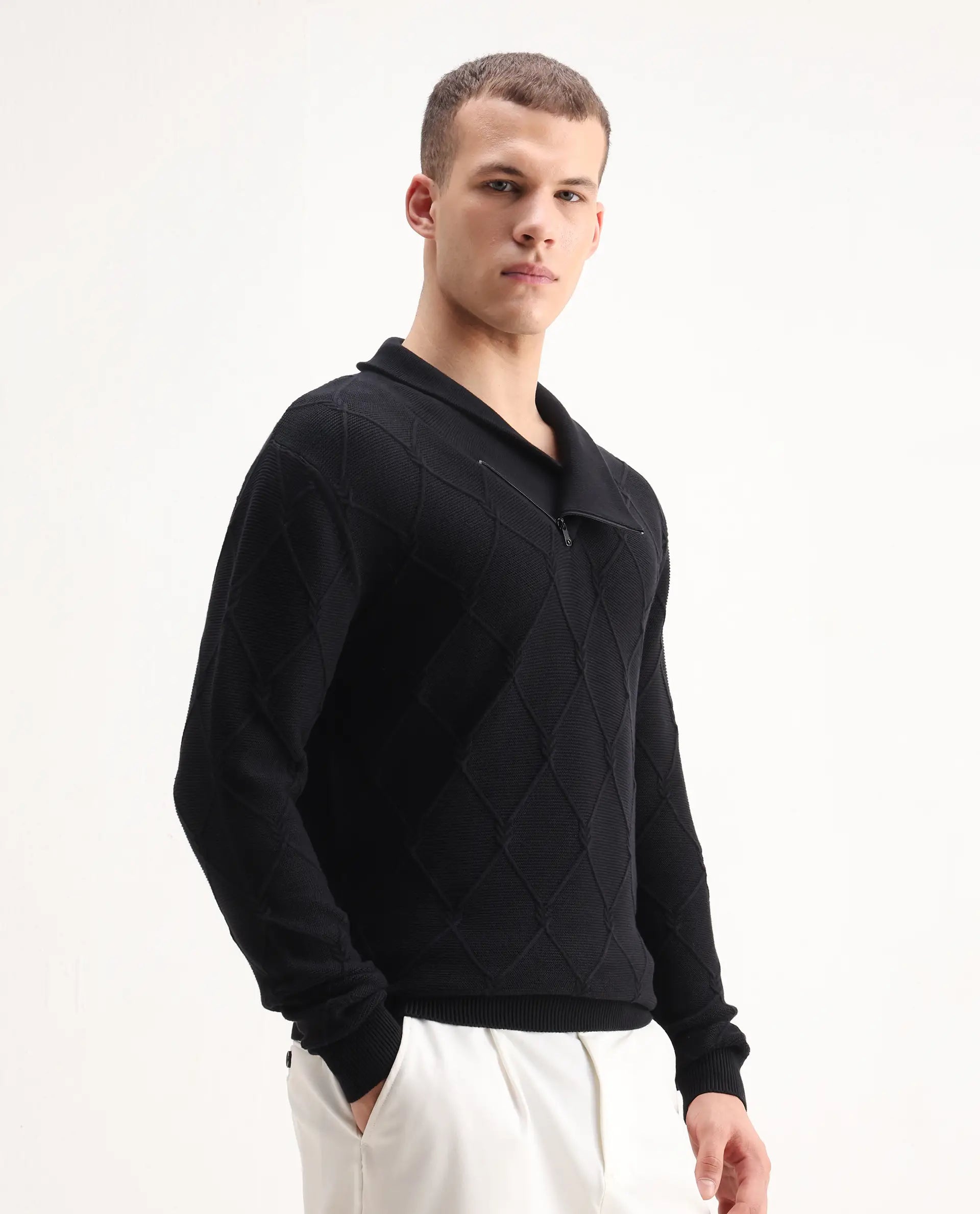 Rare Rabbit Men's Denor Black Cotton Paisley Print Regular Fit Full Sleeve Cowl Neck Sweater