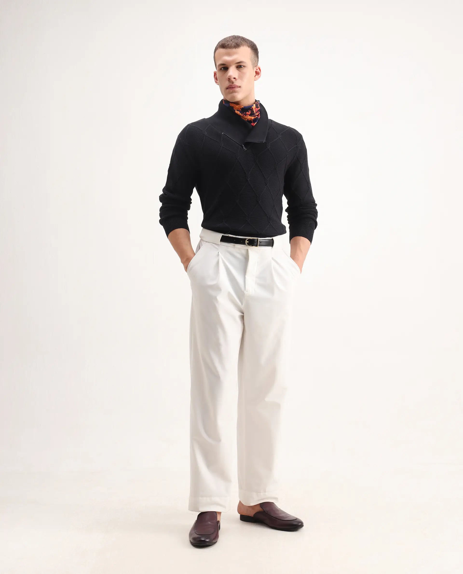 Rare Rabbit Men's Denor Black Cotton Paisley Print Regular Fit Full Sleeve Cowl Neck Sweater