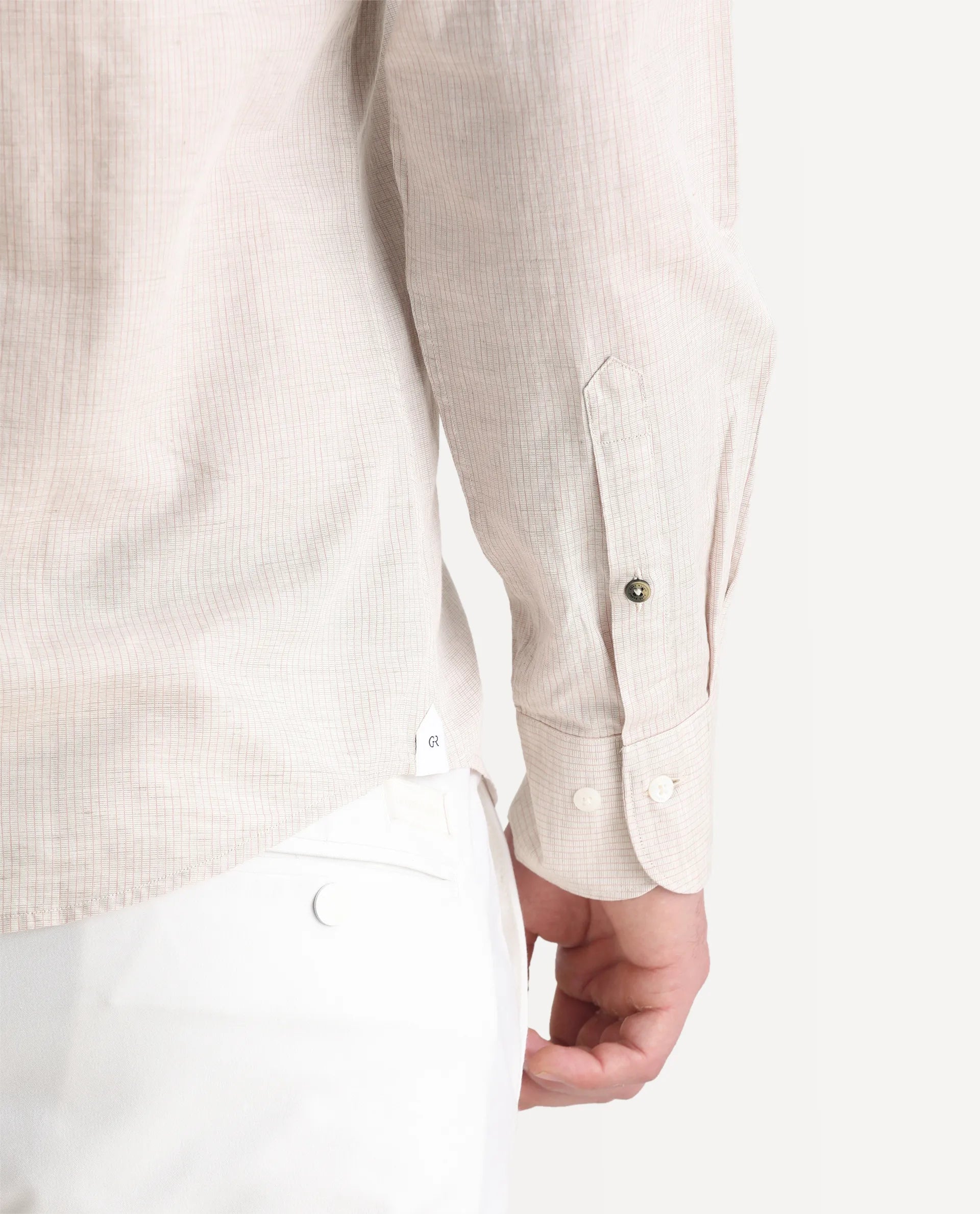 Rare Rabbit Men's Dento Beige Linen Blend Striped Print Regular Fit Full Sleeve Collared Shirt