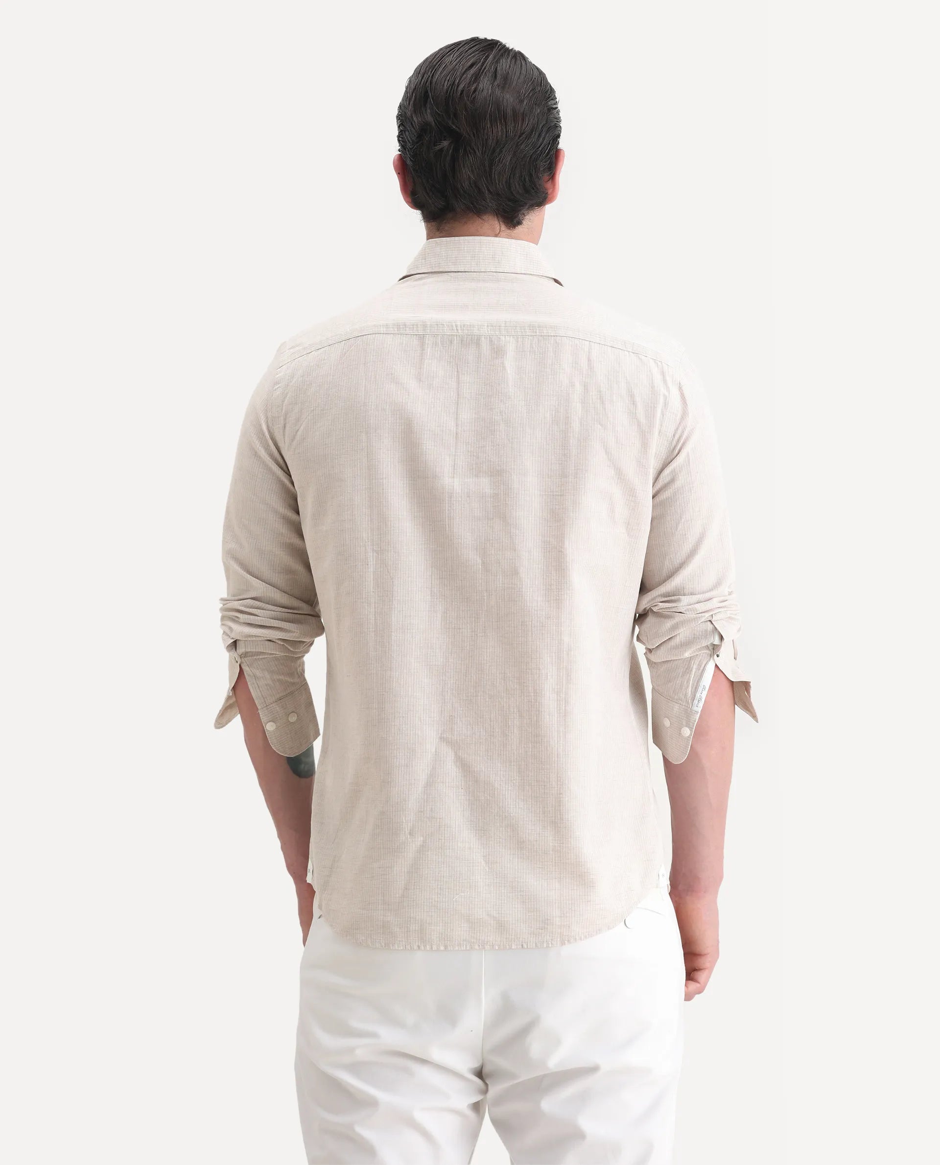 Rare Rabbit Men's Dento Beige Linen Blend Striped Print Regular Fit Full Sleeve Collared Shirt