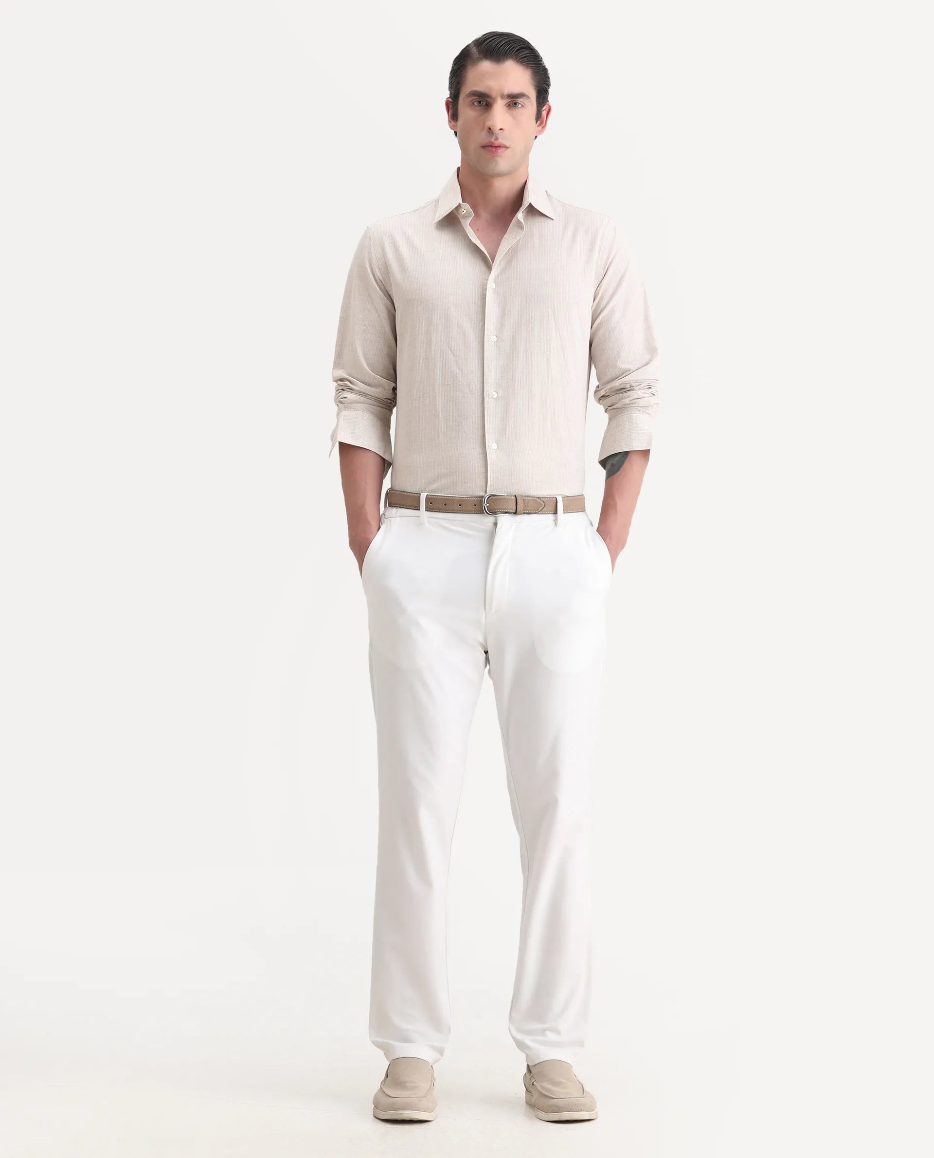 Rare Rabbit Men's Dento Beige Linen Blend Striped Print Regular Fit Full Sleeve Collared Shirt