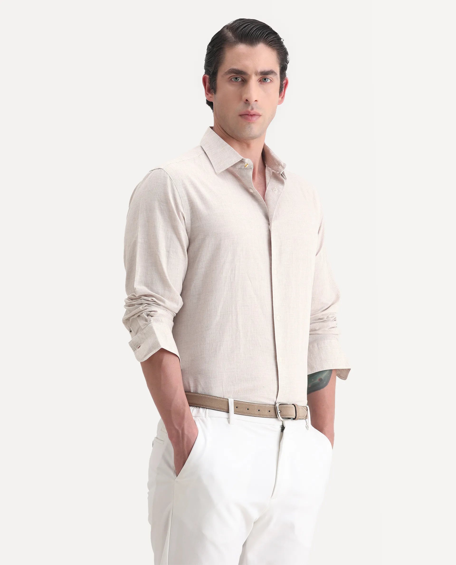 Rare Rabbit Men's Dento Beige Linen Blend Striped Print Regular Fit Full Sleeve Collared Shirt