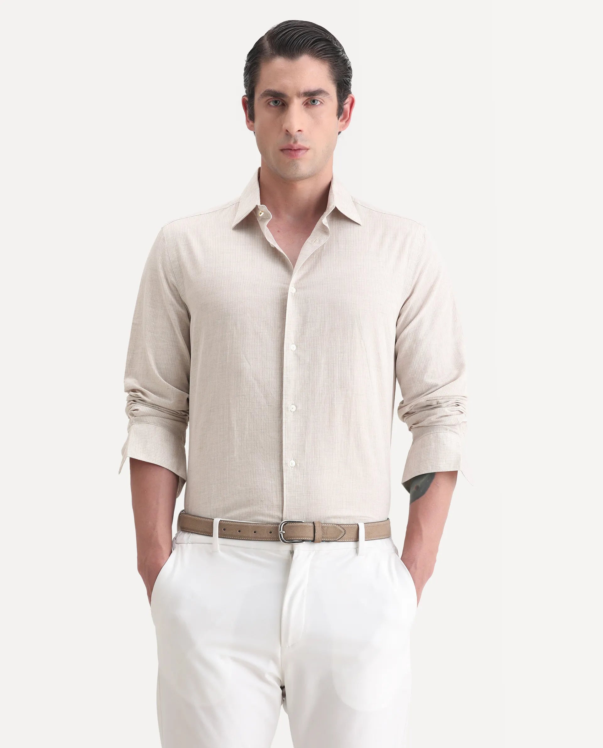 Rare Rabbit Men's Dento Beige Linen Blend Striped Print Regular Fit Full Sleeve Collared Shirt