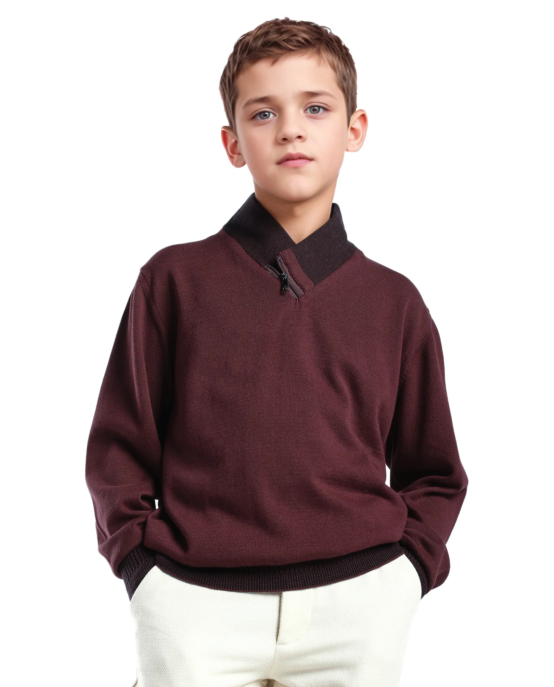 Rare Ones Kids Denv-25 Dark Maroon Cotton Solid Zipper Closure Regular Fit Sweater
