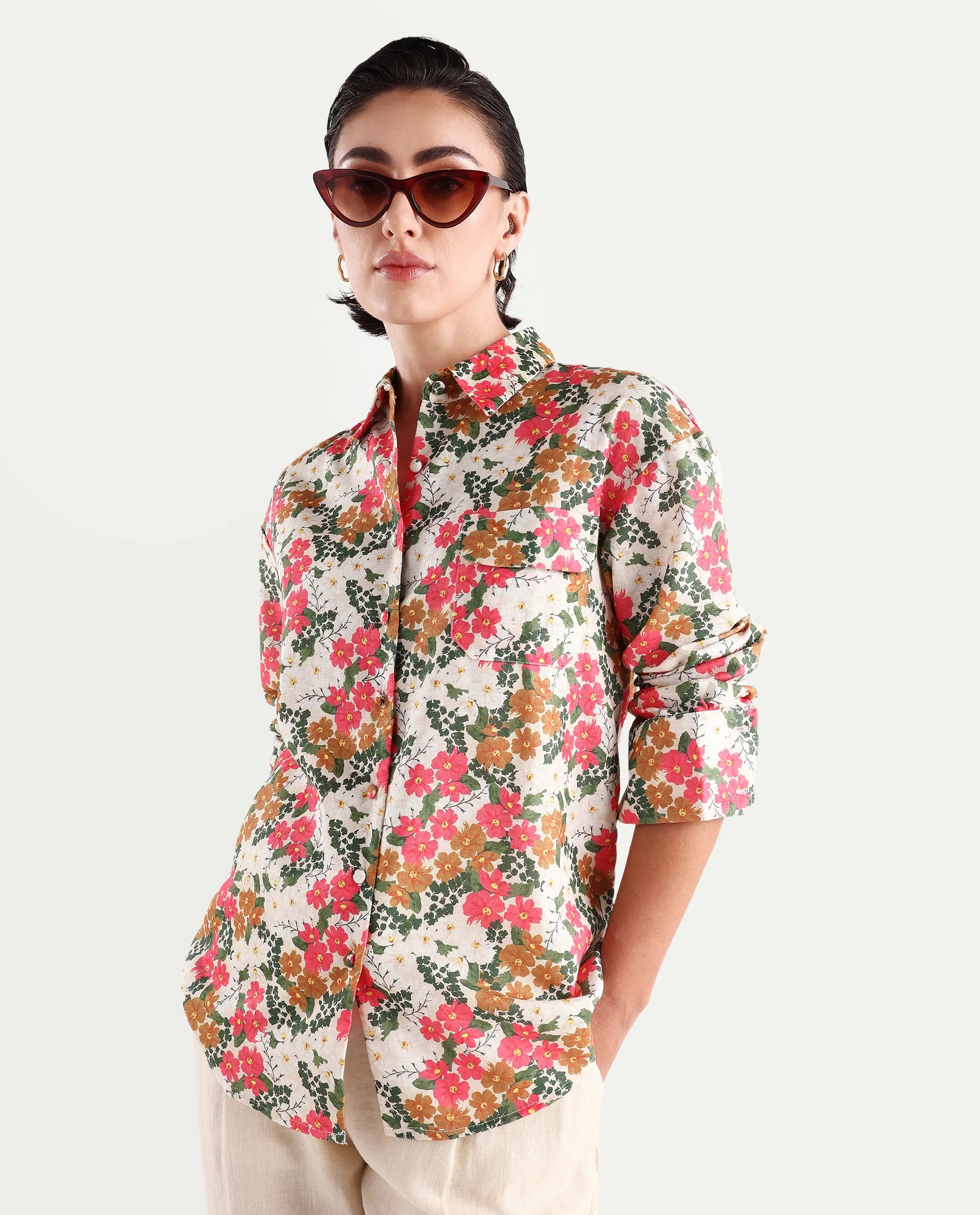 Rareism Women's Desantis Multi Polyester Spread Collar Floral Print Cuffed Sleeve Regular Fit Shirt