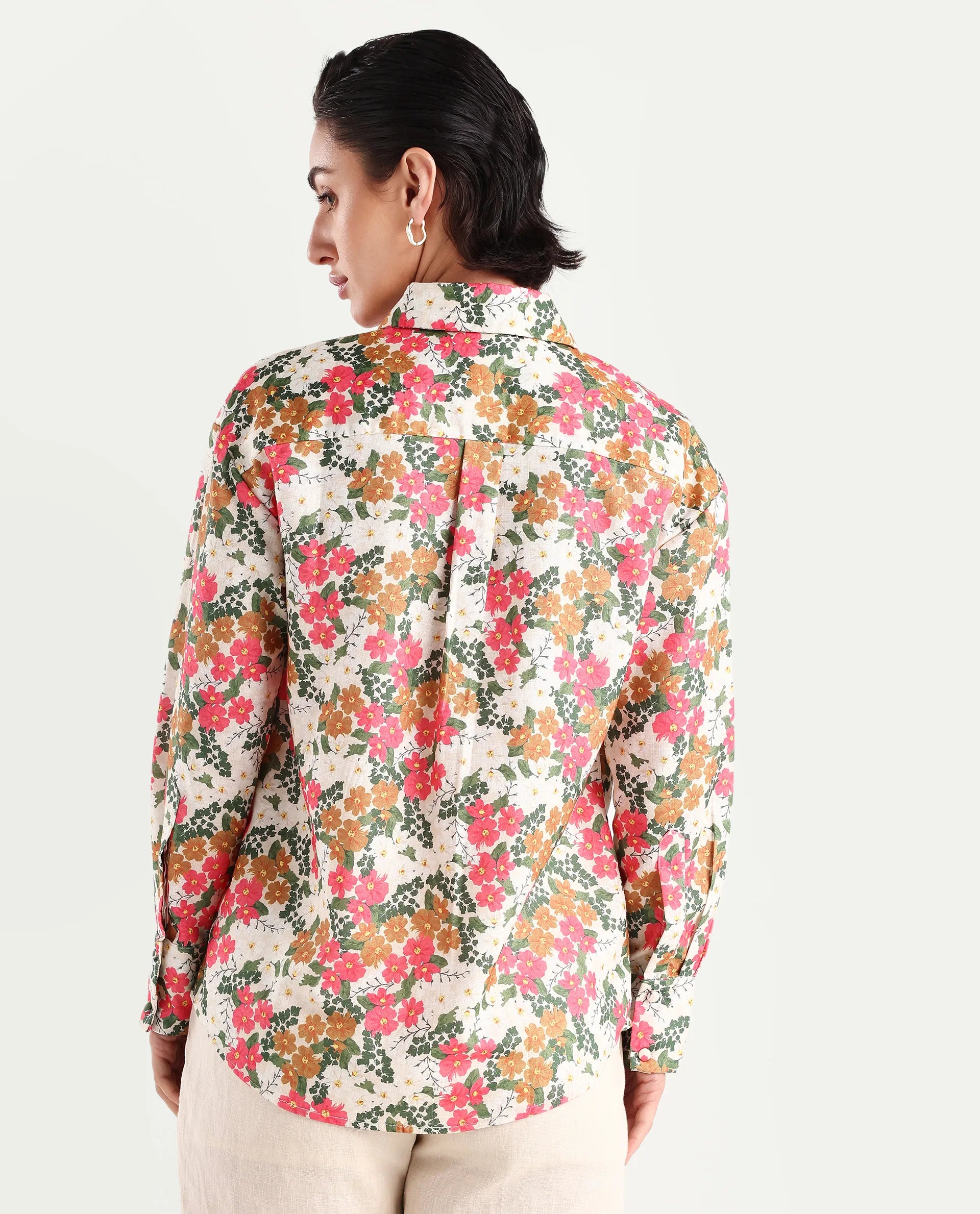 Rareism Women's Desantis Multi Polyester Spread Collar Floral Print Cuffed Sleeve Regular Fit Shirt