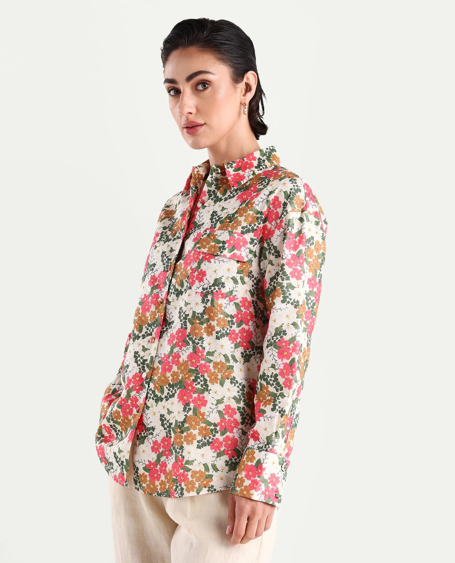 Rareism Women's Desantis Multi Polyester Spread Collar Floral Print Cuffed Sleeve Regular Fit Shirt