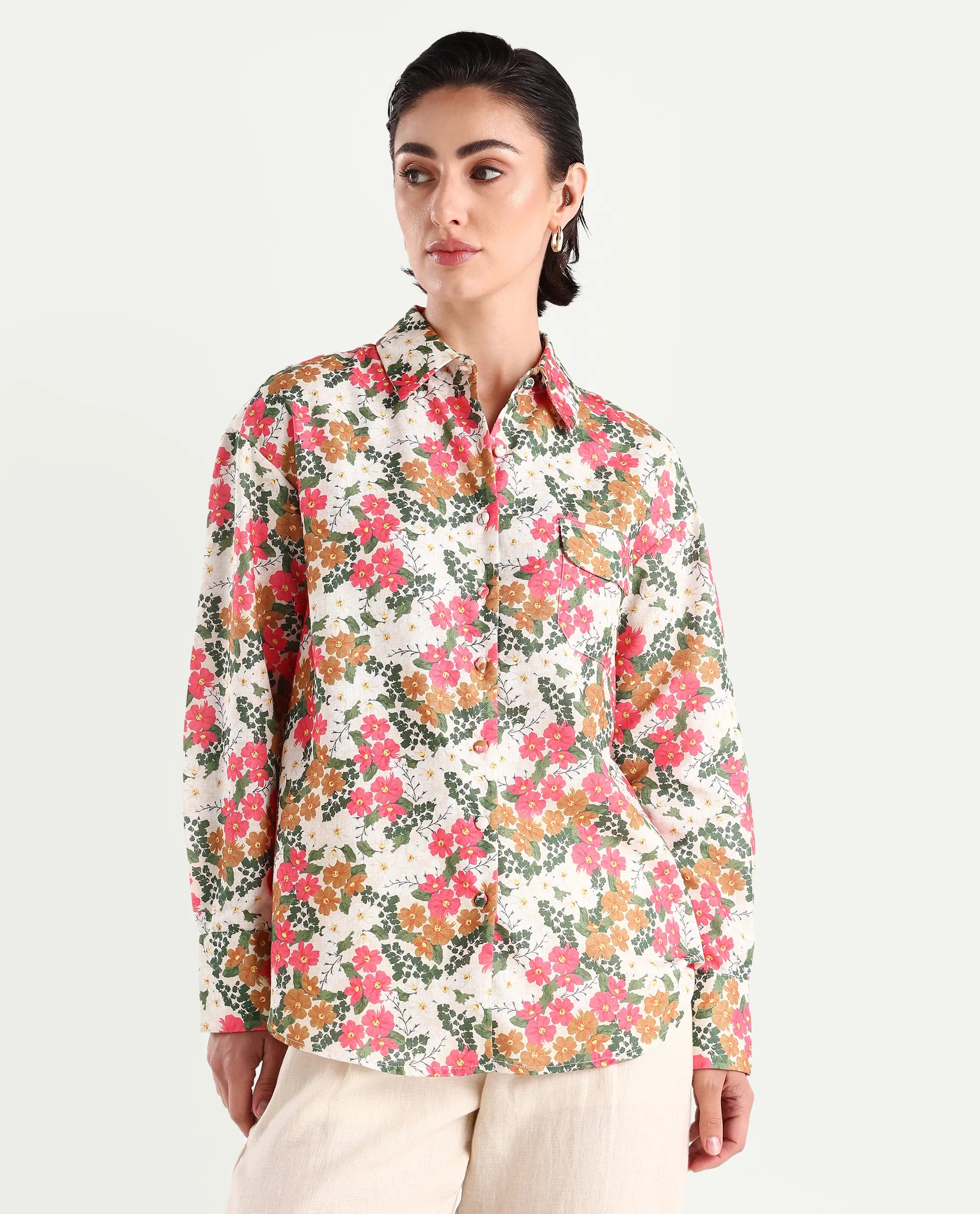 Rareism Women's Desantis Multi Polyester Spread Collar Floral Print Cuffed Sleeve Regular Fit Shirt