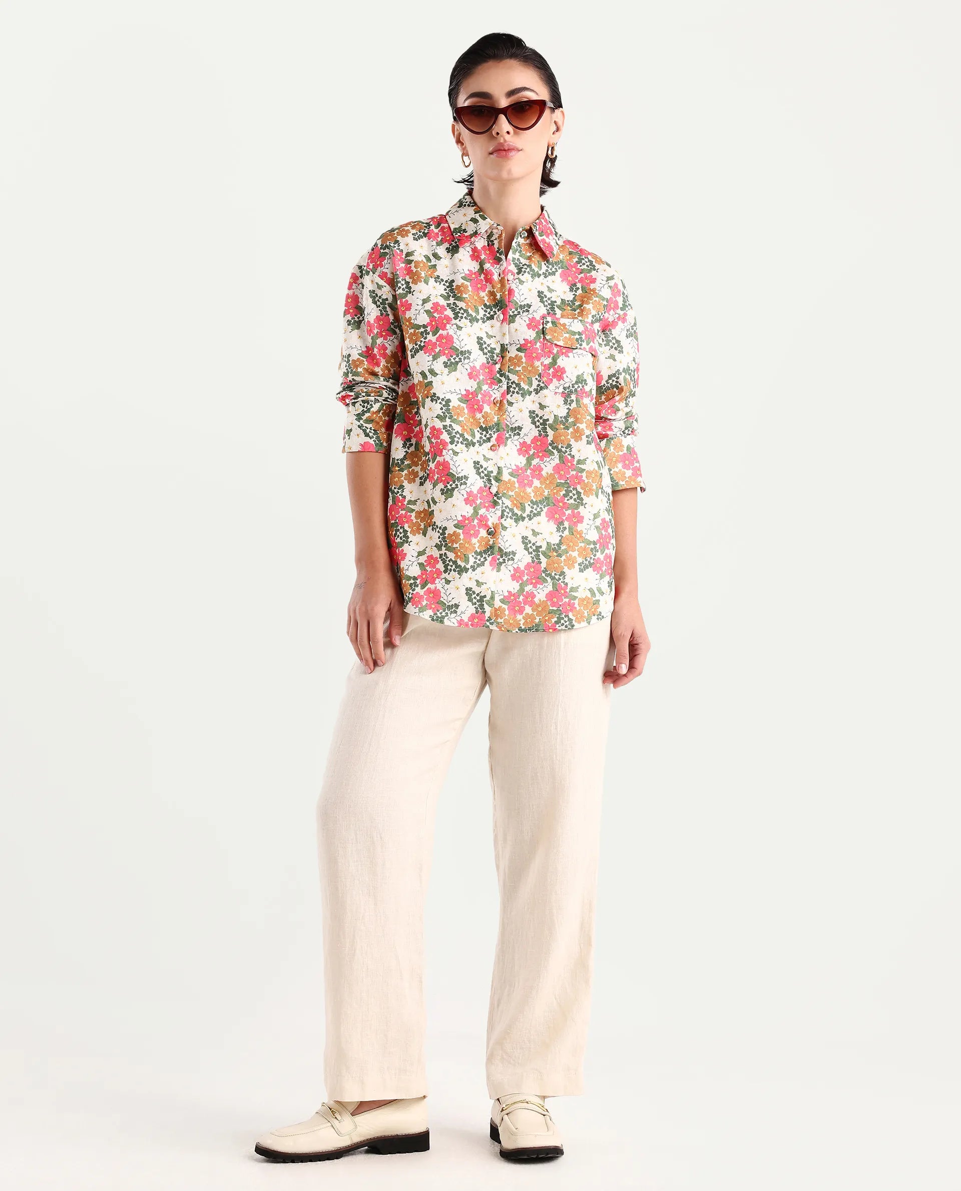 Rareism Women's Desantis Multi Polyester Spread Collar Floral Print Cuffed Sleeve Regular Fit Shirt