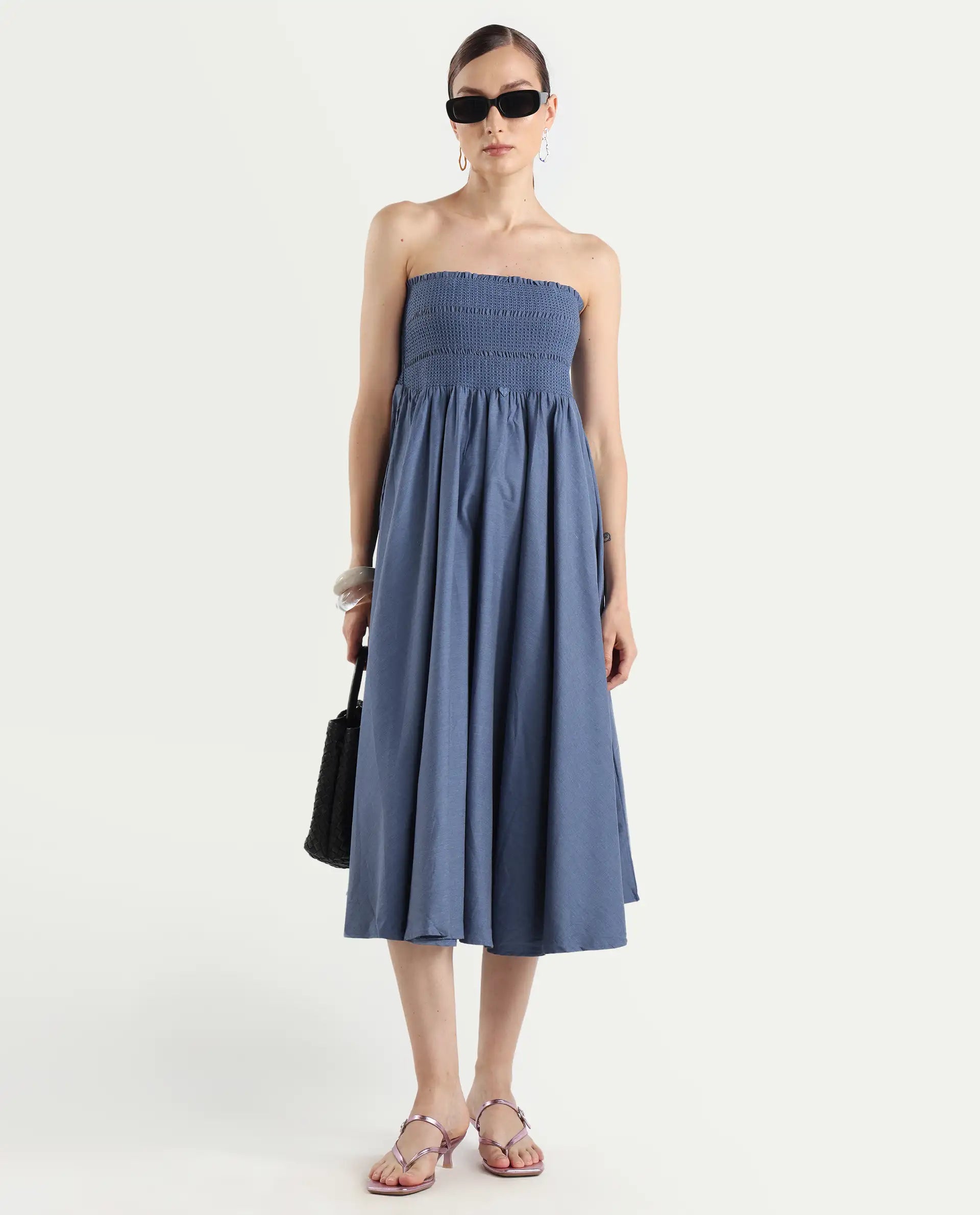 Rareism Women's Detreve Dark Blue Polyester Shoulder Strap Plain Sleeveless Midi Fit And Flare Dress